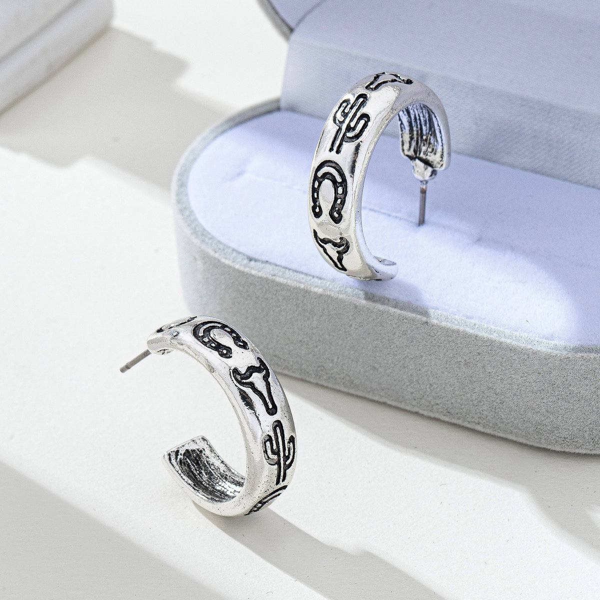 Cowgirl Engraved Silver Hoop Earrings | 80E62386 JOSSLYN by wall to wall- Tilden Co.