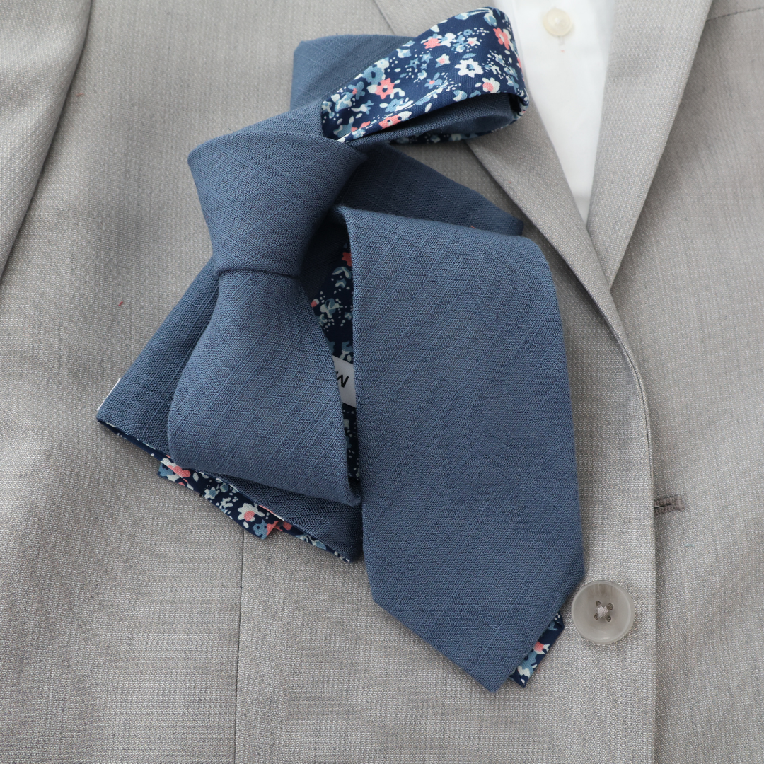 Remington Two-Tone Slate Blue Solid Front & Blue Floral Tail Tie necktie Tie Mood- Tilden Co.