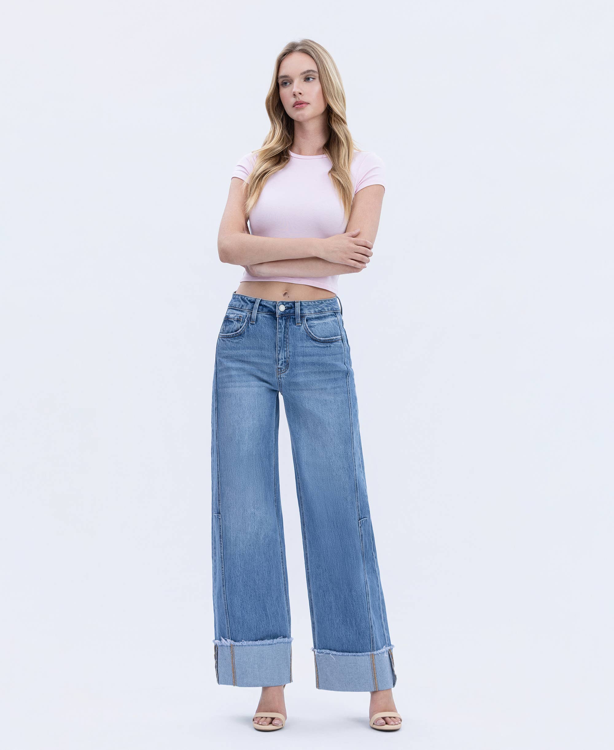 HIGH RISE MEDIUM WASH CUFFED WIDE JEANS T6684 VERVET by FLYING MONKEY- Tilden Co.
