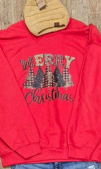 Merry Christmas Plaid Tree Crewneck Sweatshirt in Red     Daydreamer Creations- Tilden Co.