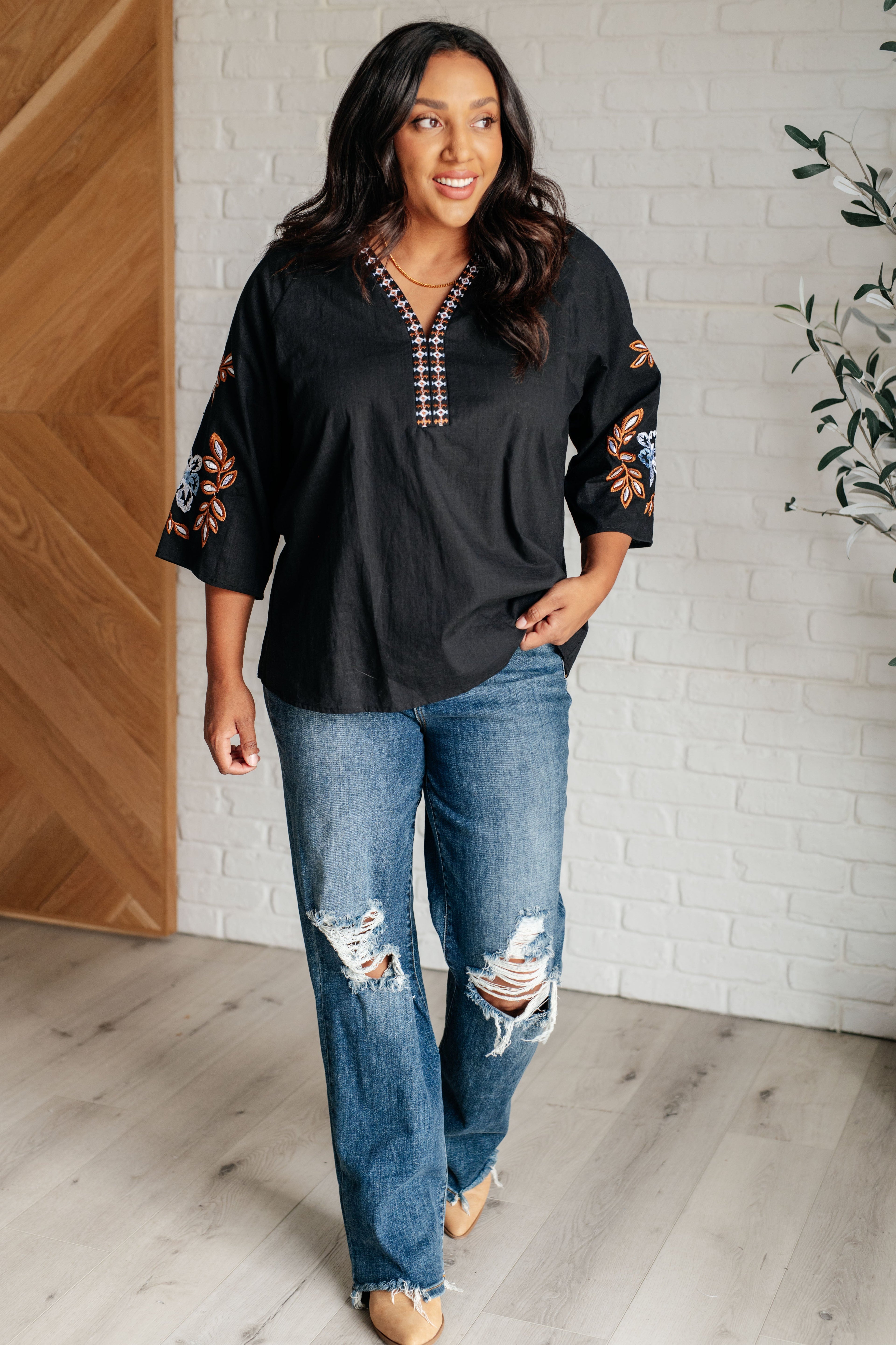 All In Me Embroidered V-Neck Blouse Blouses Ave Shops- Tilden Co.
