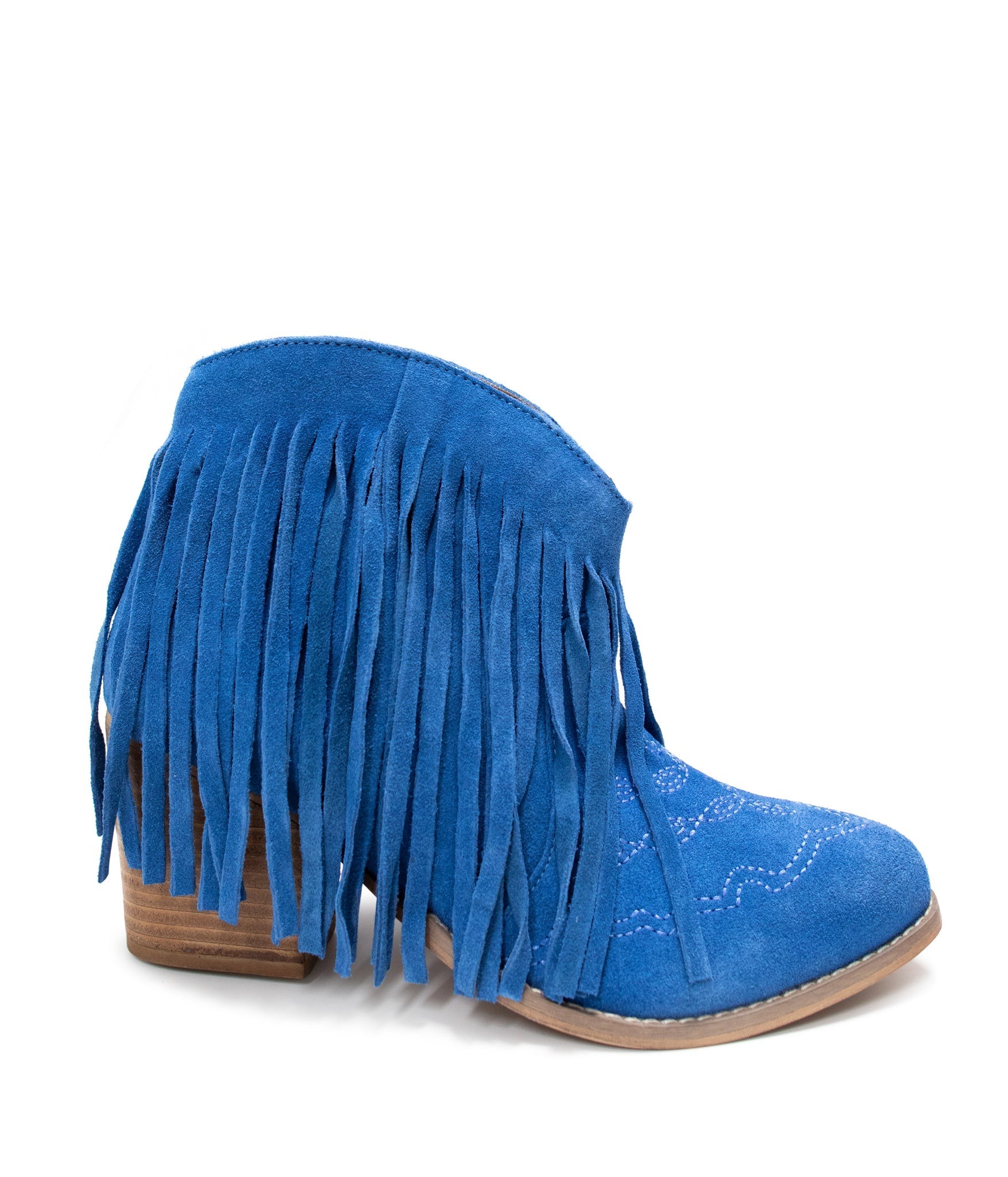 Amos Fringe Ankle Bootie in Blue Suede 110 Fashion Boots Naughty Monkey- Tilden Co.