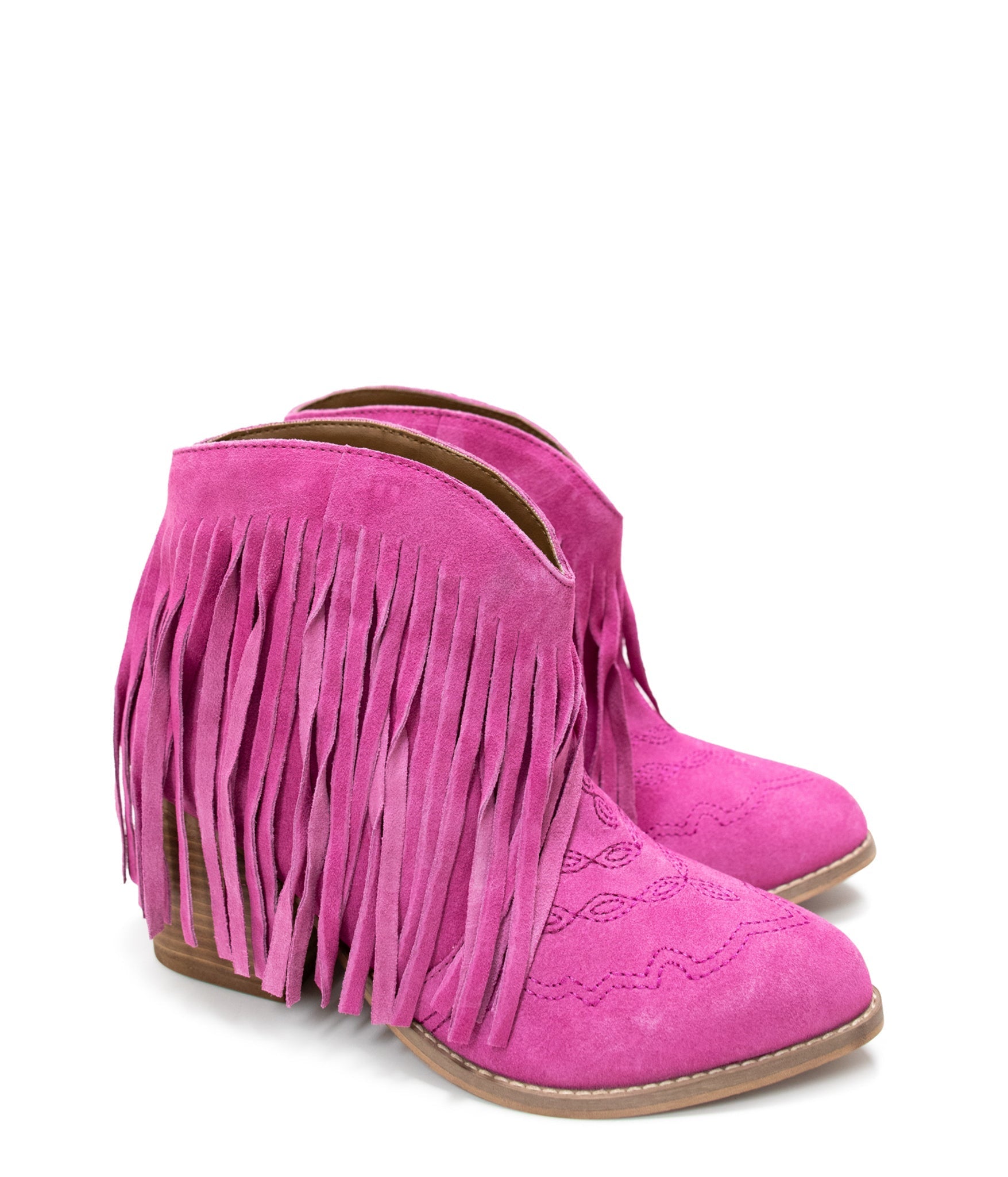 Amos Fringe Ankle Bootie in Magenta Suede 110 Fashion Boots Naughty Monkey- Tilden Co.