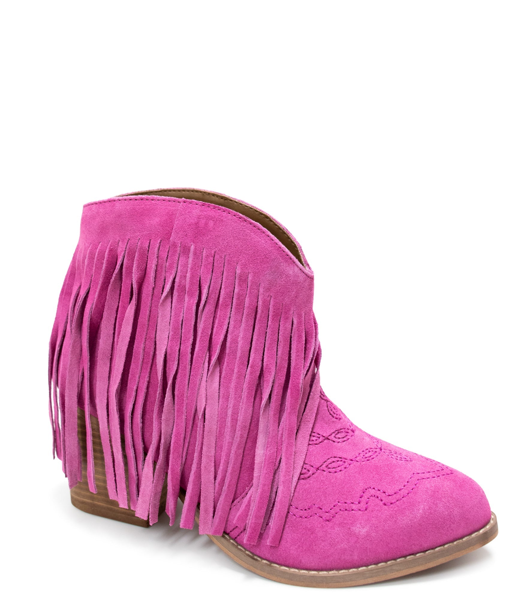 Amos Fringe Ankle Bootie in Magenta Suede 110 Fashion Boots Naughty Monkey- Tilden Co.