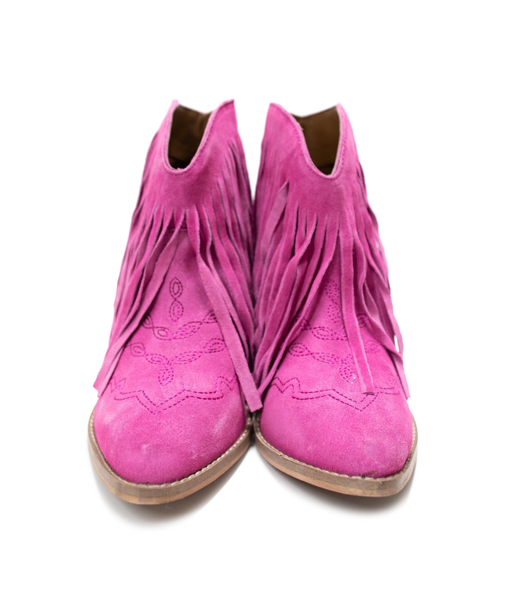 Amos Fringe Ankle Bootie in Magenta Suede 110 Fashion Boots Naughty Monkey- Tilden Co.