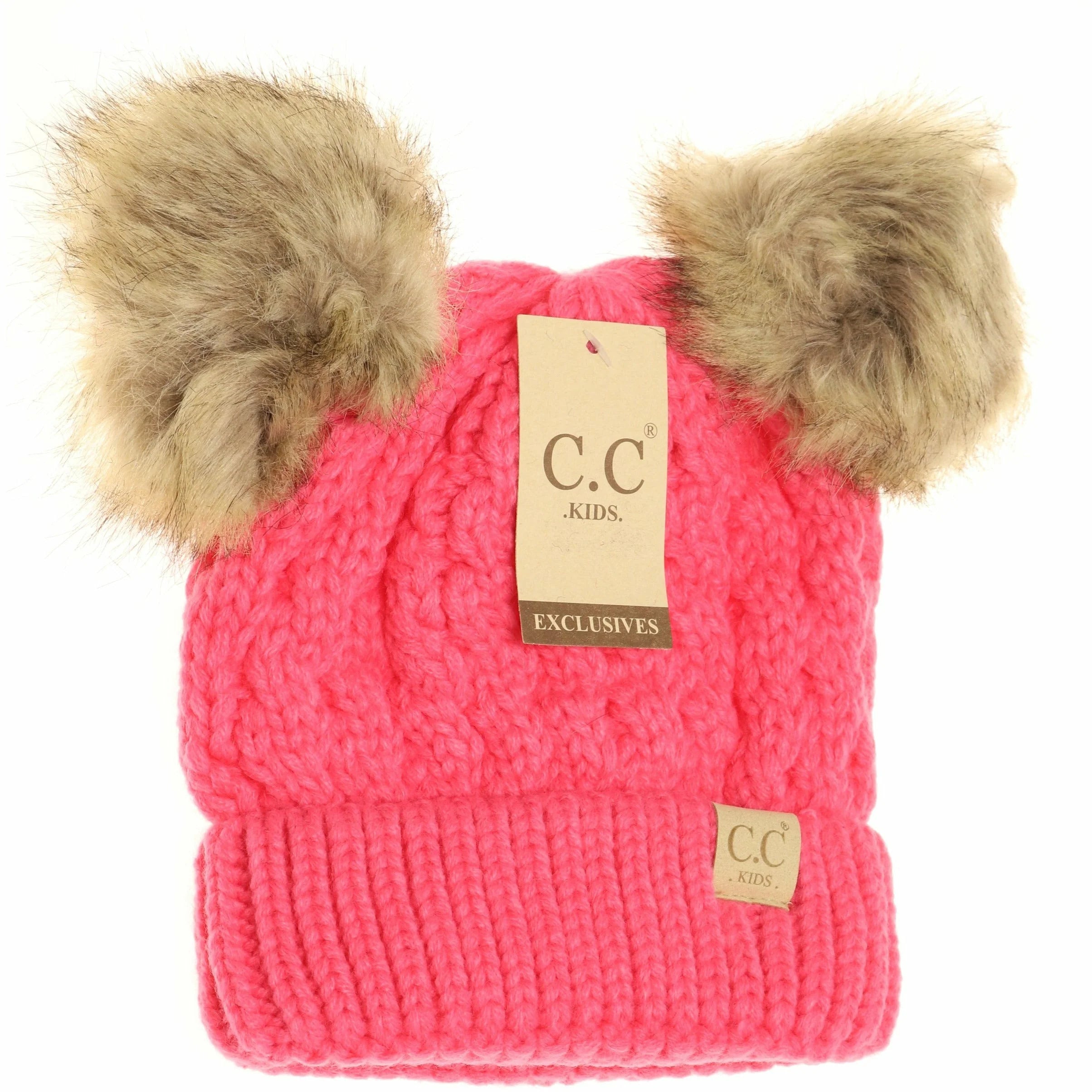 KIDS Cable Knit Double Fur Pom Beanie New Candy Pink New Candy Pink  beanie CC Brand Beanies- Tilden Co.