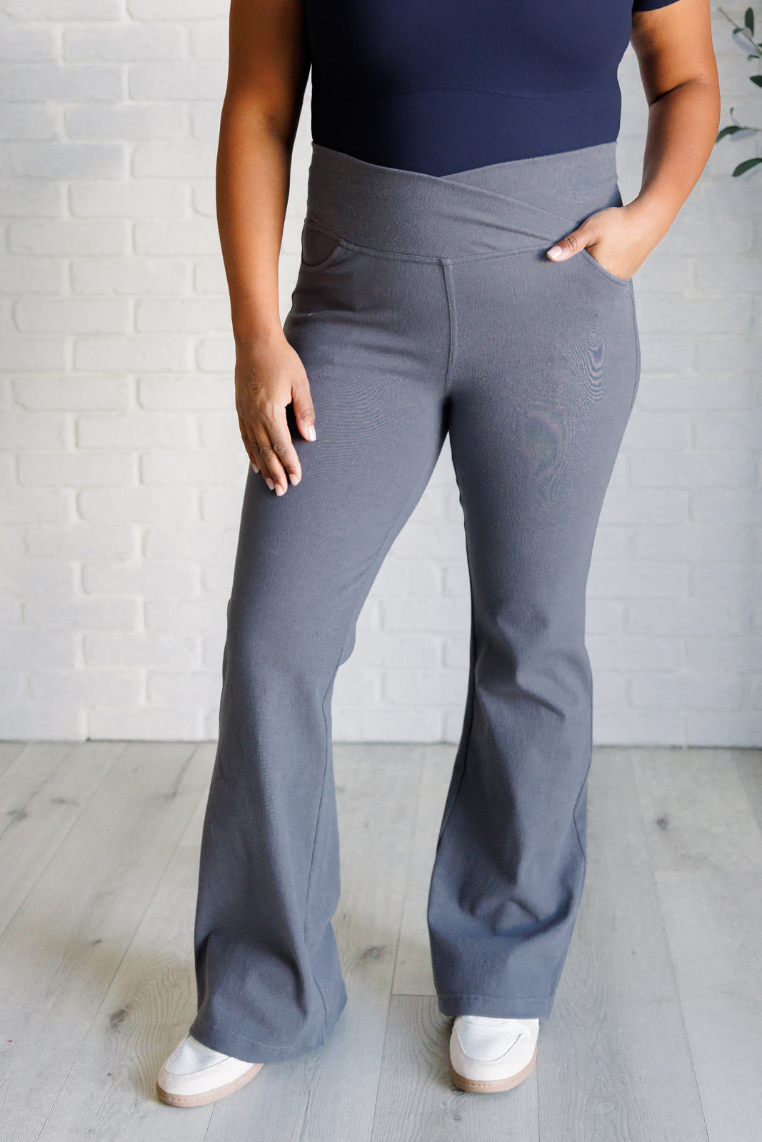 Building Habits Twill Flared Crossover Waist Pant in Titanium Bottoms Ave Shops- Tilden Co.