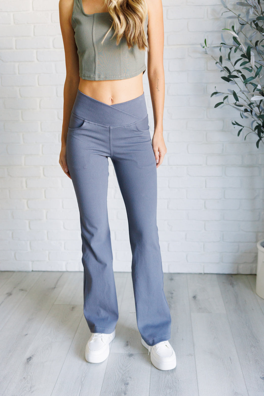 Building Habits Twill Flared Crossover Waist Pant in Titanium Bottoms Ave Shops- Tilden Co.