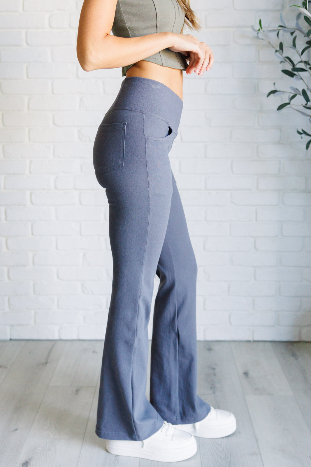 Building Habits Twill Flared Crossover Waist Pant in Titanium Bottoms Ave Shops- Tilden Co.