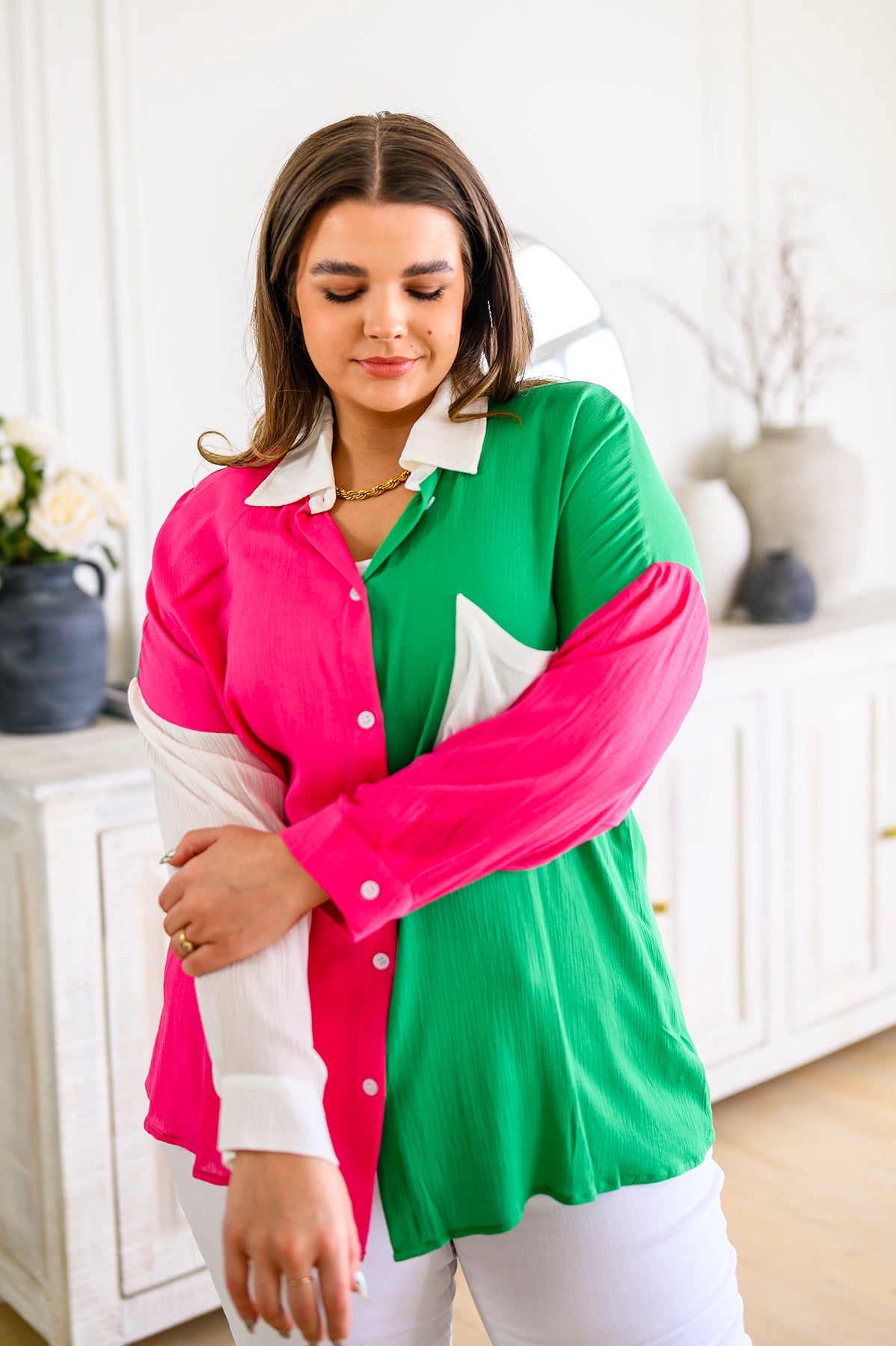 Capture the Day Two Toned Button Up Kelly Tops Ave Shops- Tilden Co.