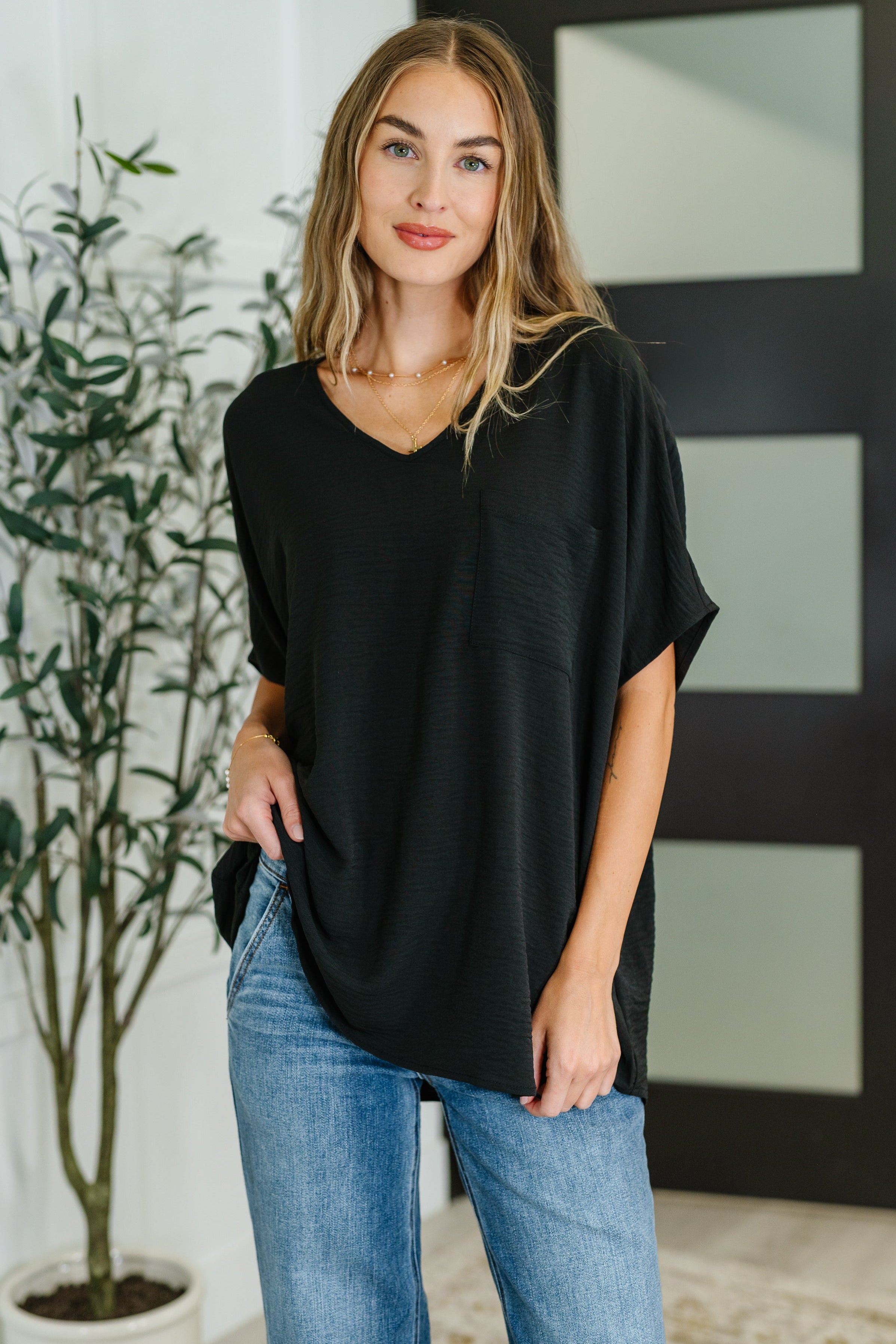 Coastal Ease V-Neck Top in Black T-Shirt Ave Shops- Tilden Co.