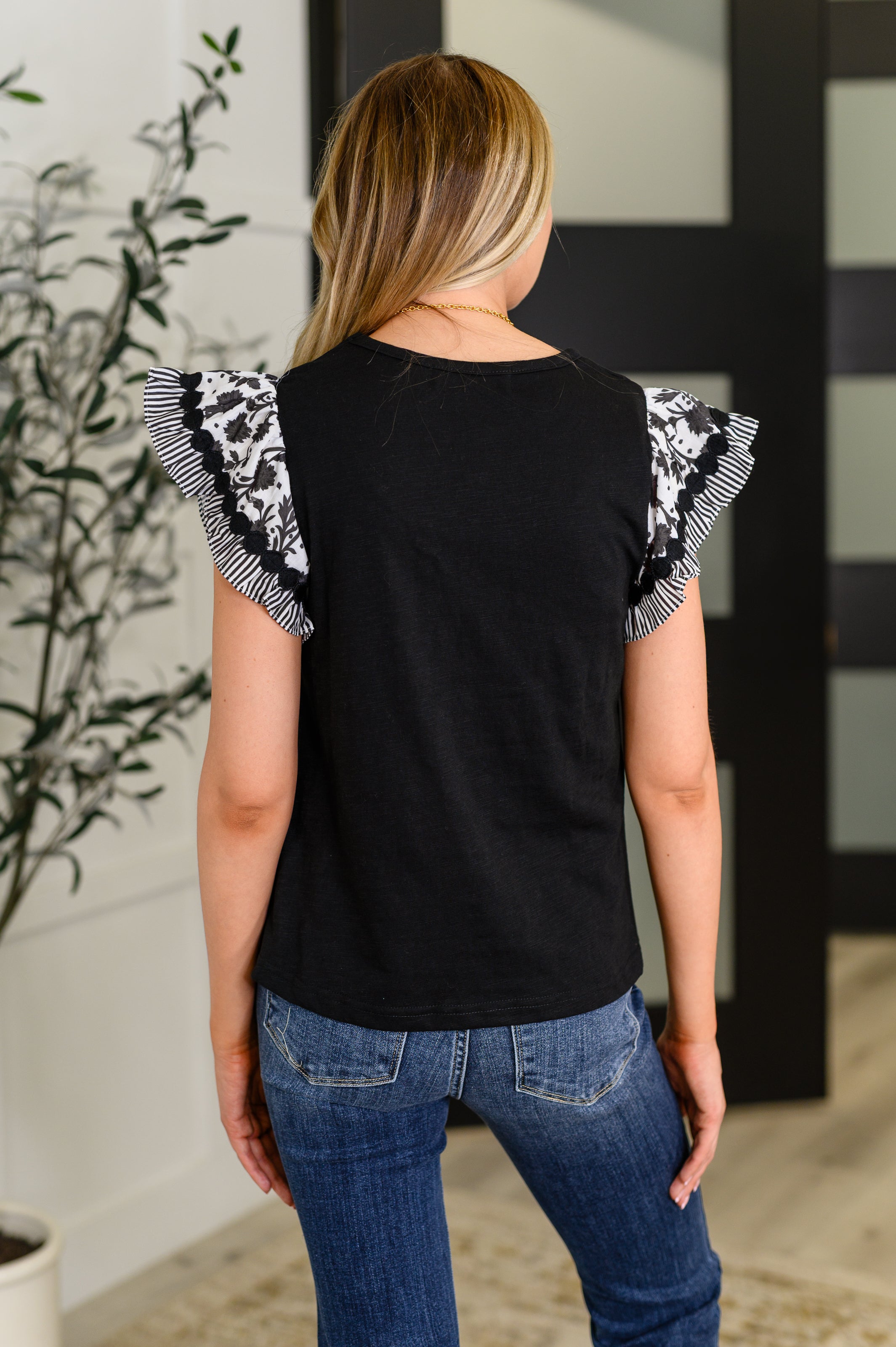Contrast Flutter Sleeve Top in Black Womens Ave Shops- Tilden Co.