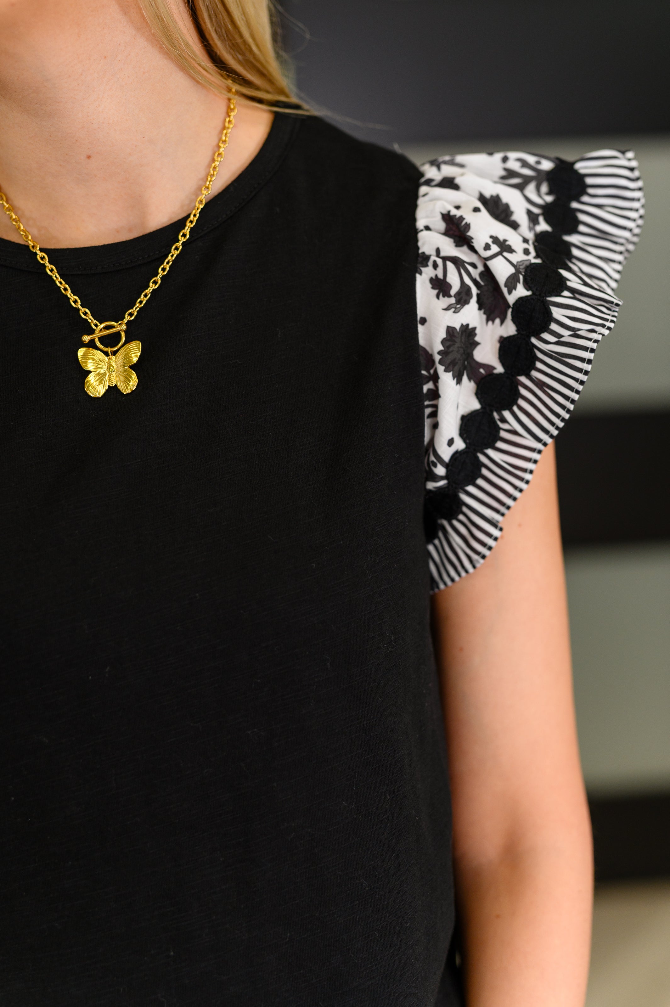 Contrast Flutter Sleeve Top in Black Womens Ave Shops- Tilden Co.