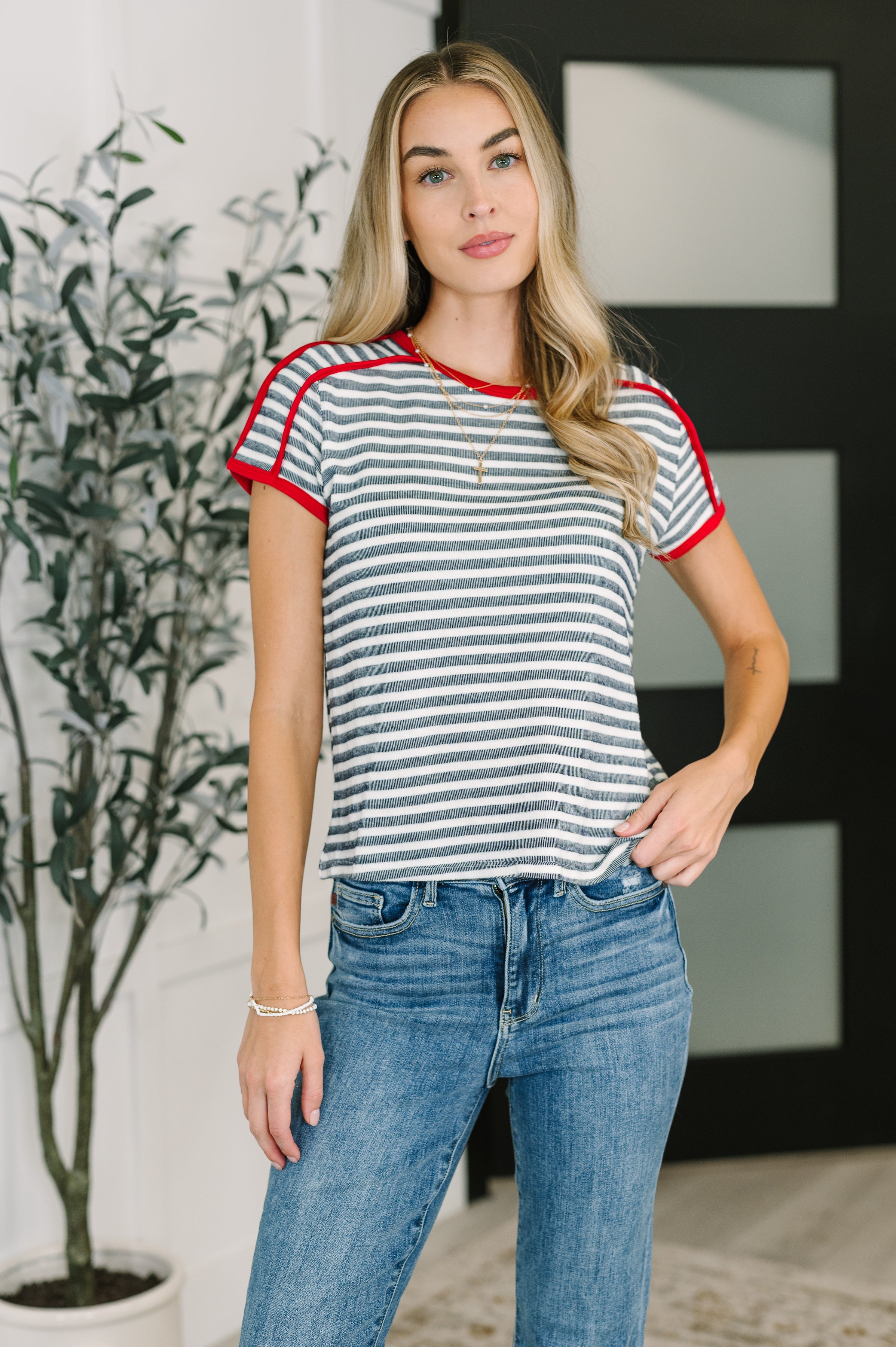 Country Stripe Casual Tee in Navy White Womens Ave Shops- Tilden Co.