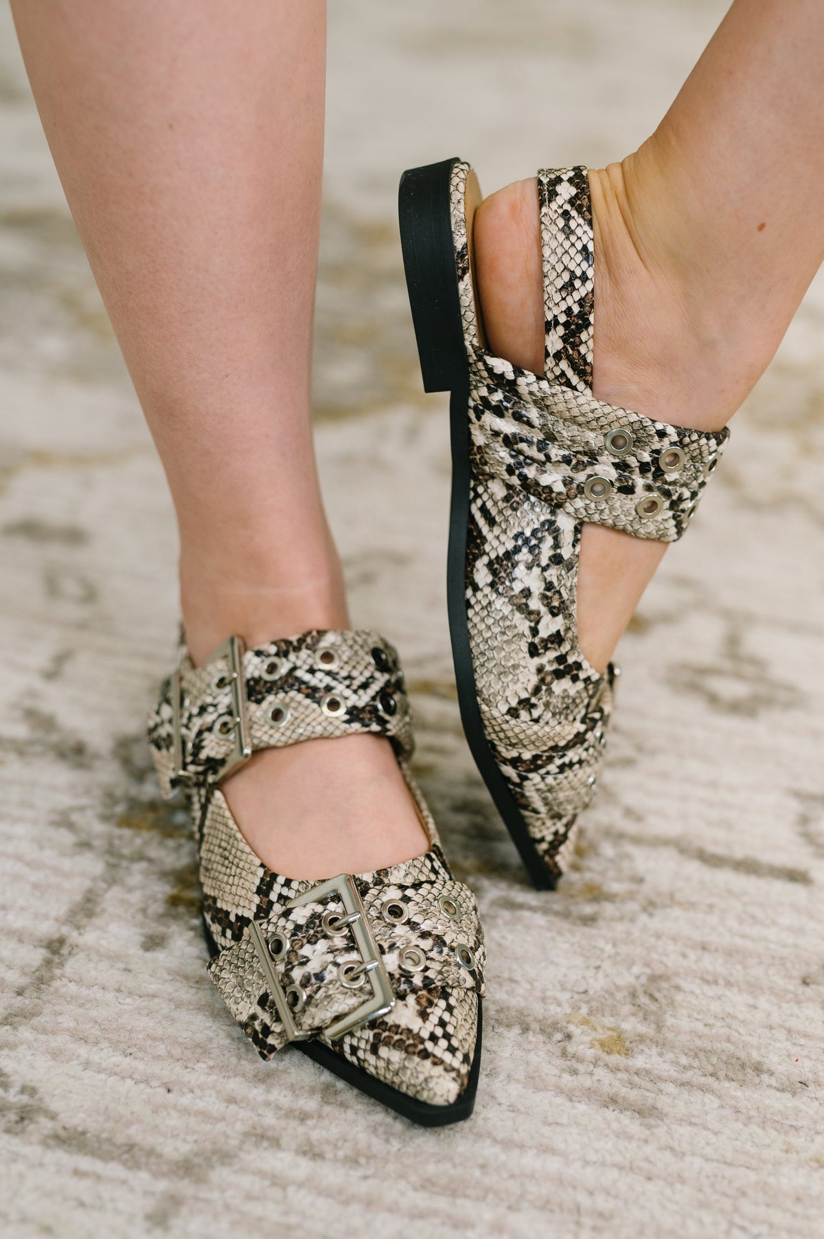 Crazy Train Buckle Pointy Toe Flats in Snakeskin Womens Ave Shops- Tilden Co.