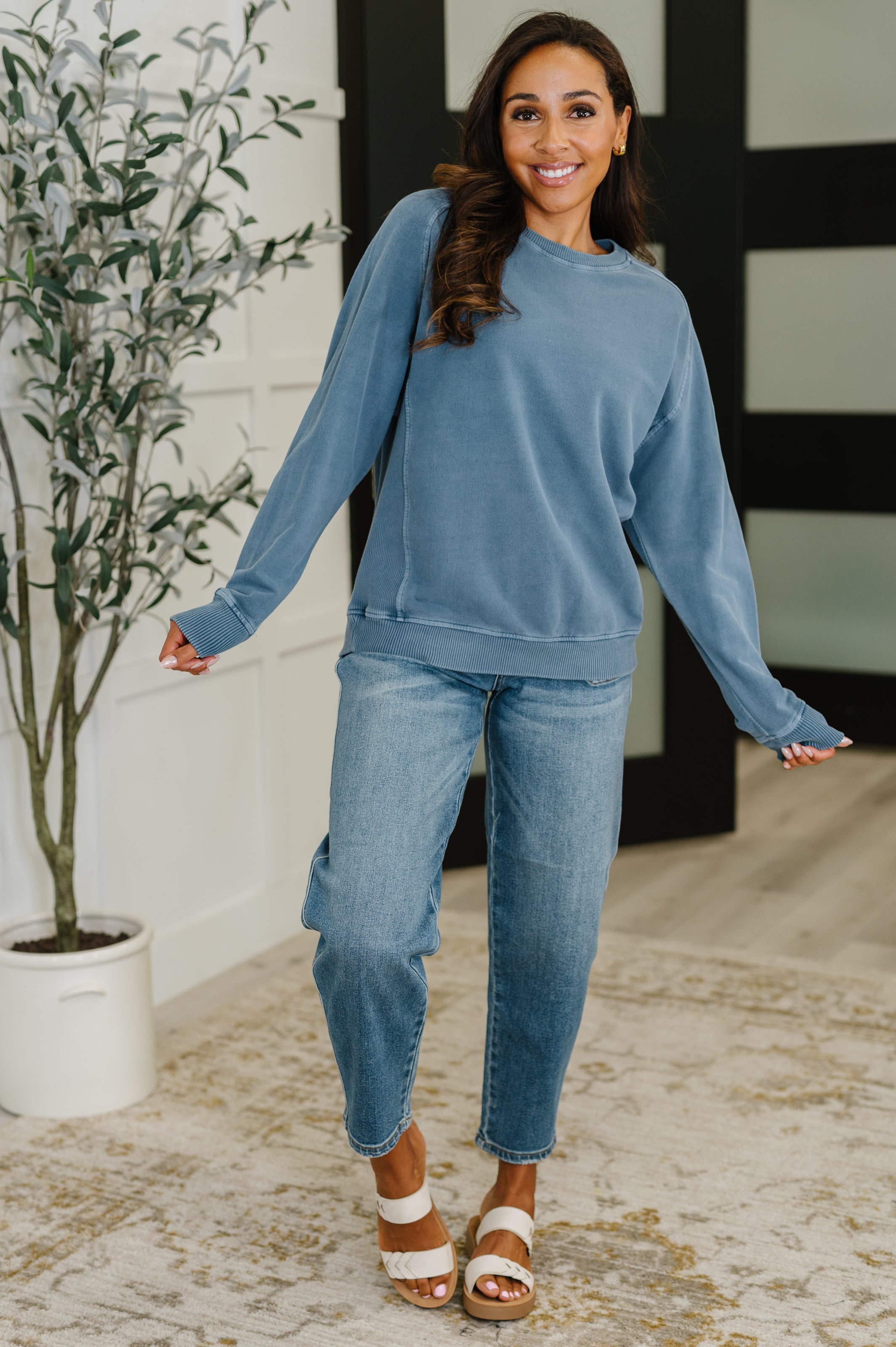 Daily Ease Mineral Wash Pullover in Dusty Blue Womens Ave Shops- Tilden Co.