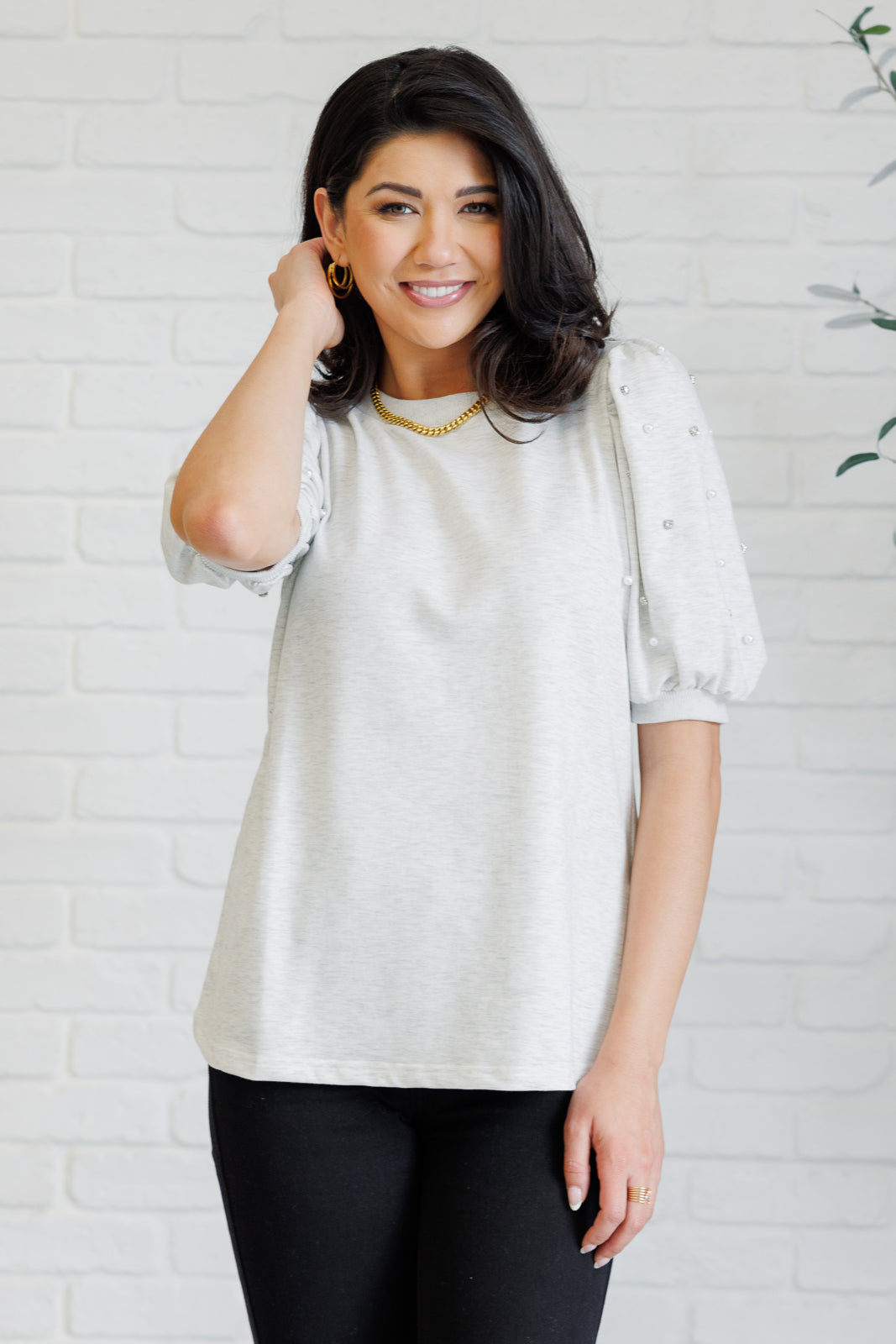 Diamonds and Pearls Puff Sleeve Top in Light Grey Tops Ave Shops- Tilden Co.