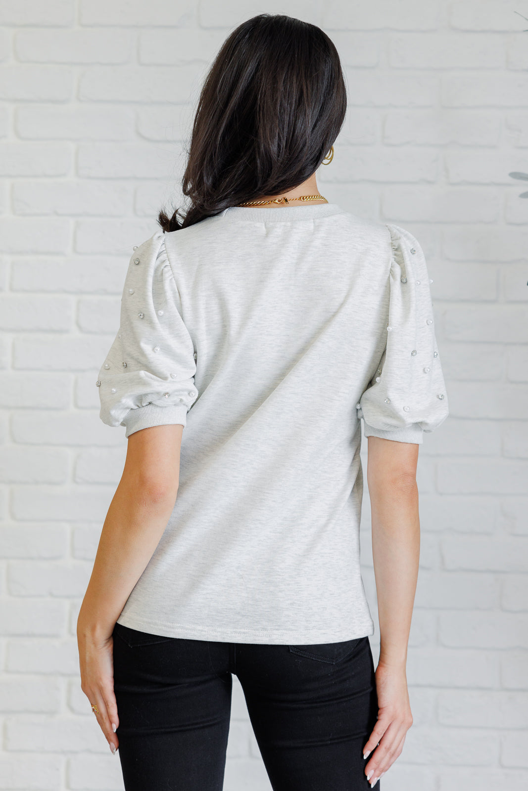 Diamonds and Pearls Puff Sleeve Top in Light Grey Tops Ave Shops- Tilden Co.