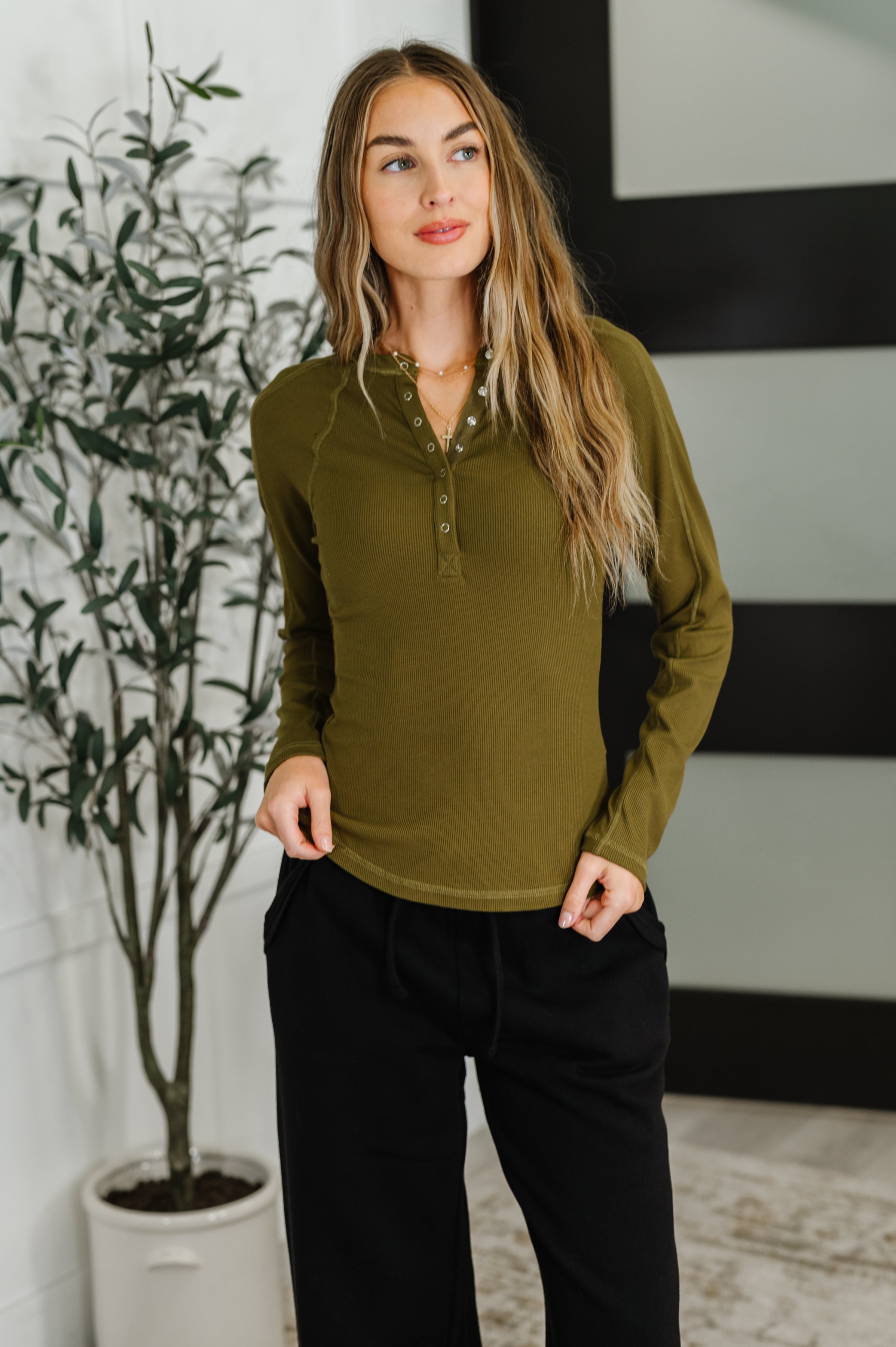 Effortless Edge Knit Henley Top in Camo Green Womens Ave Shops- Tilden Co.