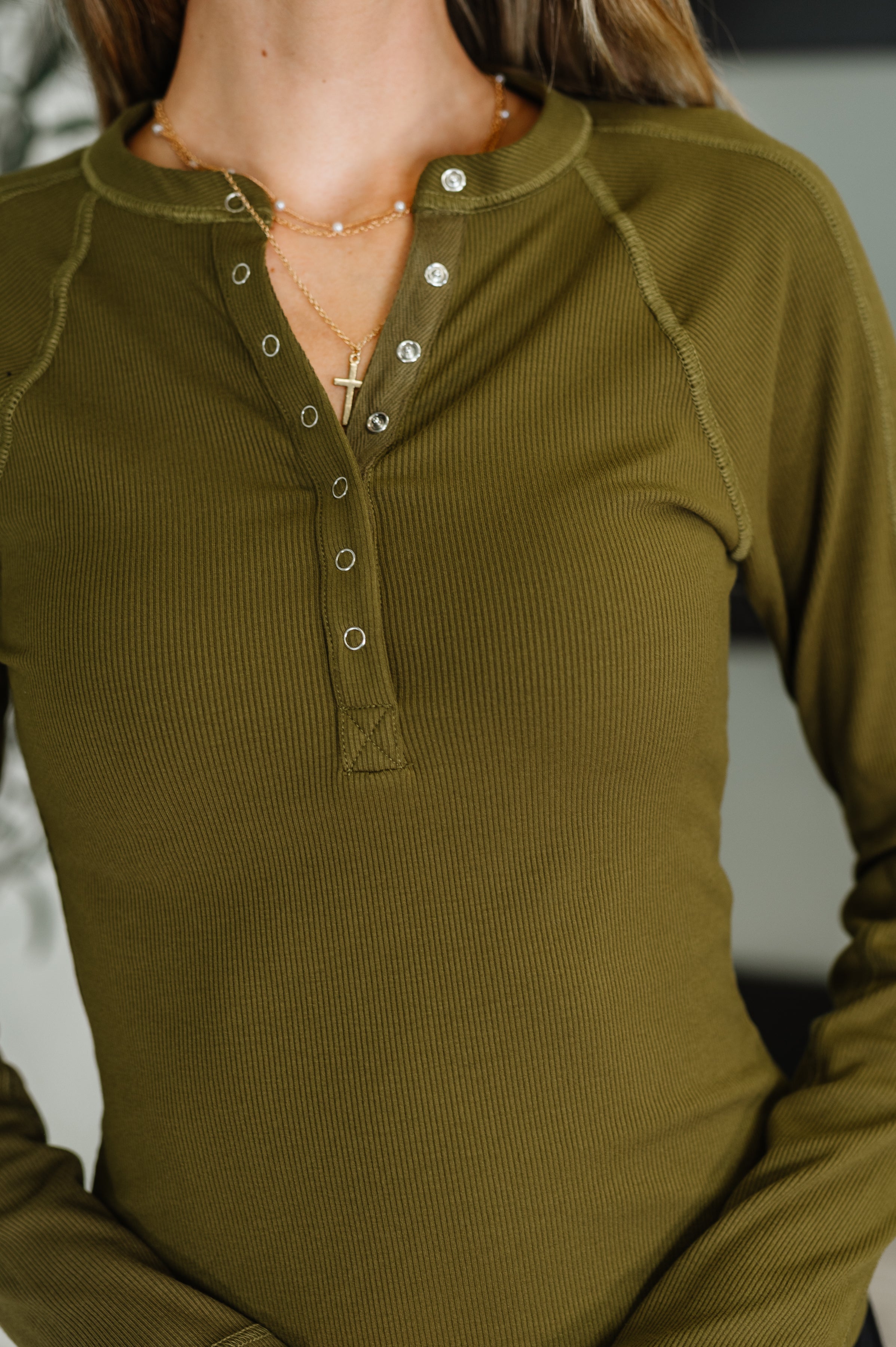 Effortless Edge Knit Henley Top in Camo Green Womens Ave Shops- Tilden Co.