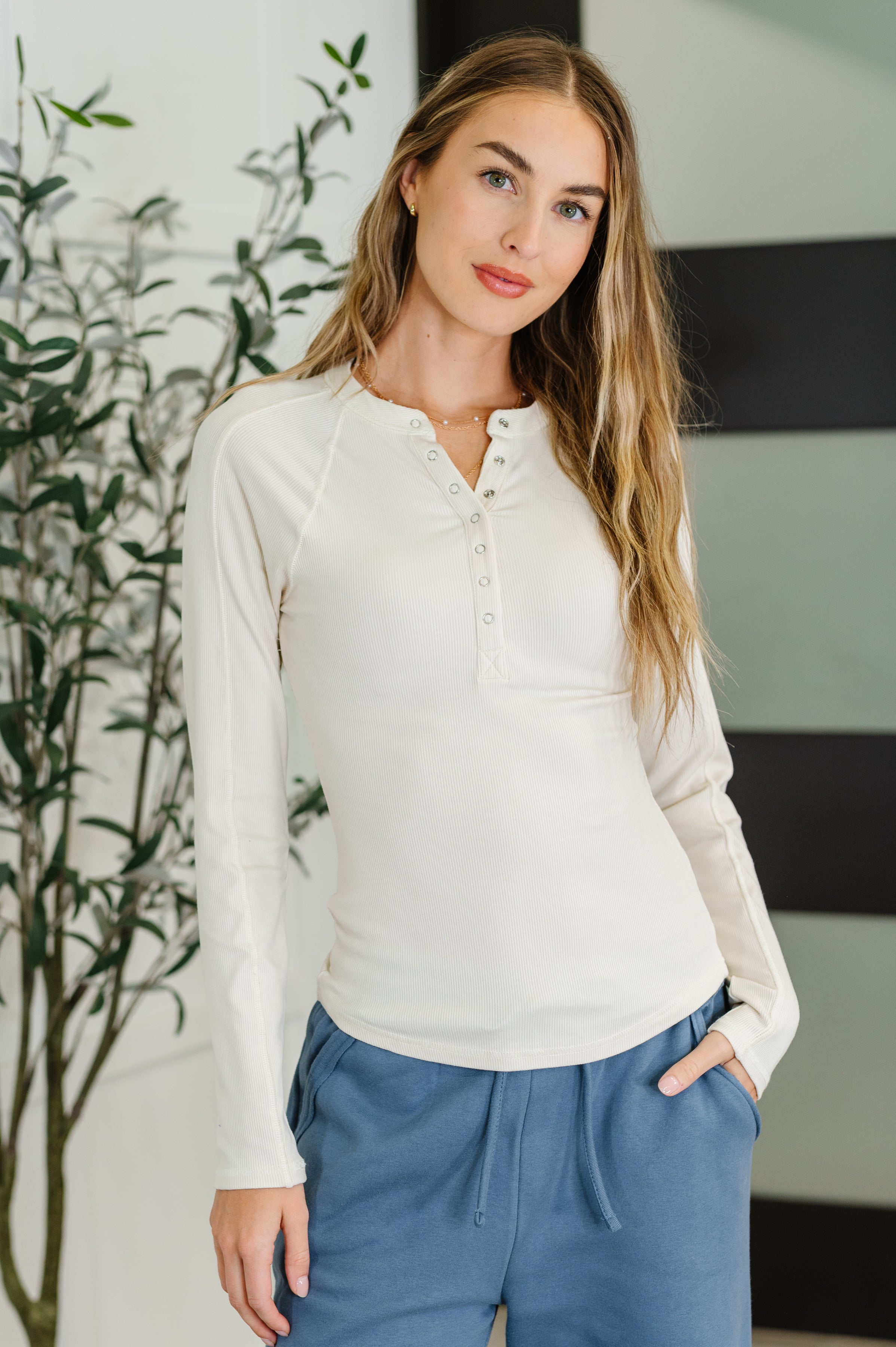 Effortless Edge Knit Henley Top in Natural Womens Ave Shops- Tilden Co.