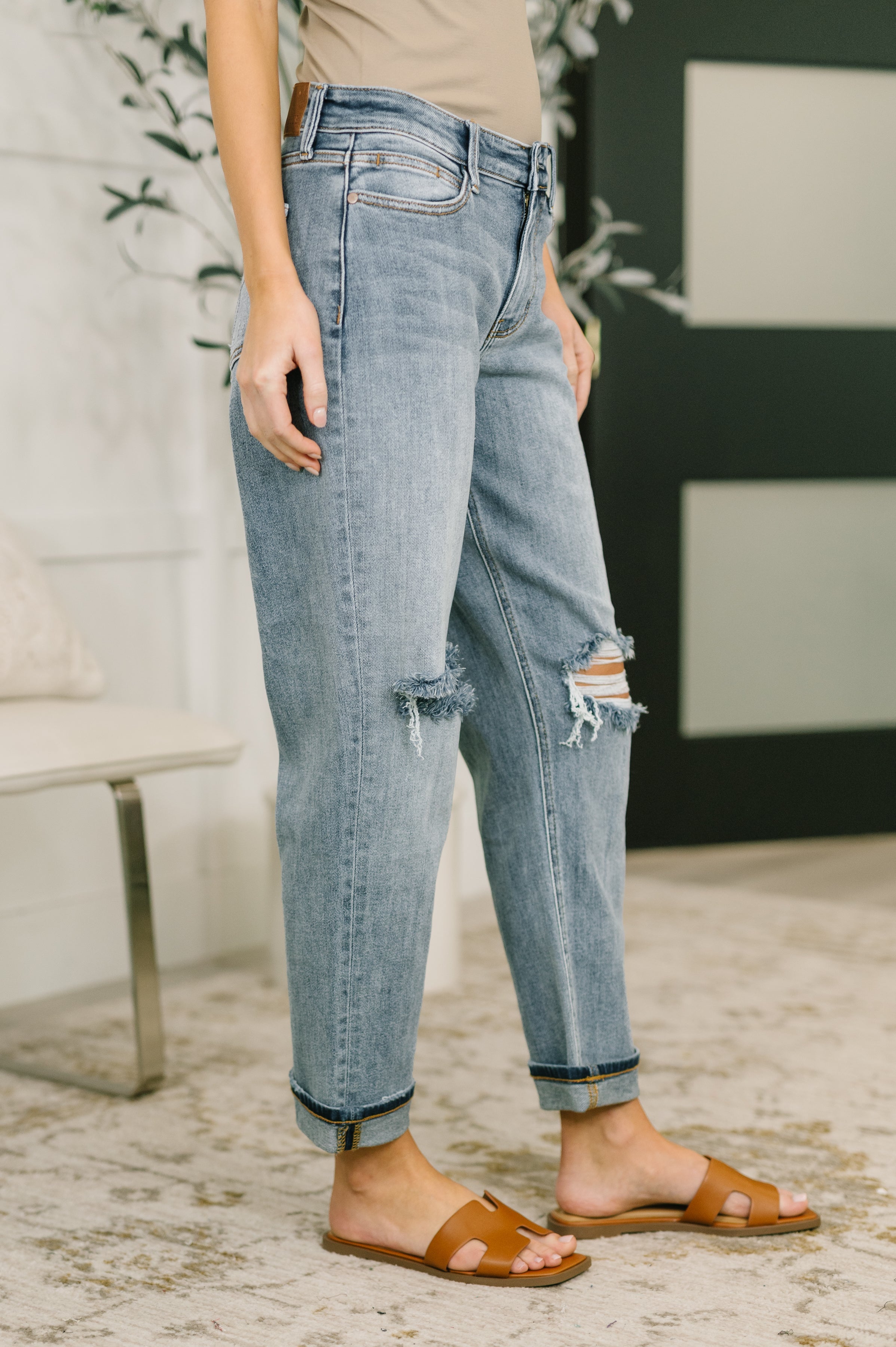Elaine Mid Rise Boyfriend with Distress & Cuff Jeans Ave Shops- Tilden Co.
