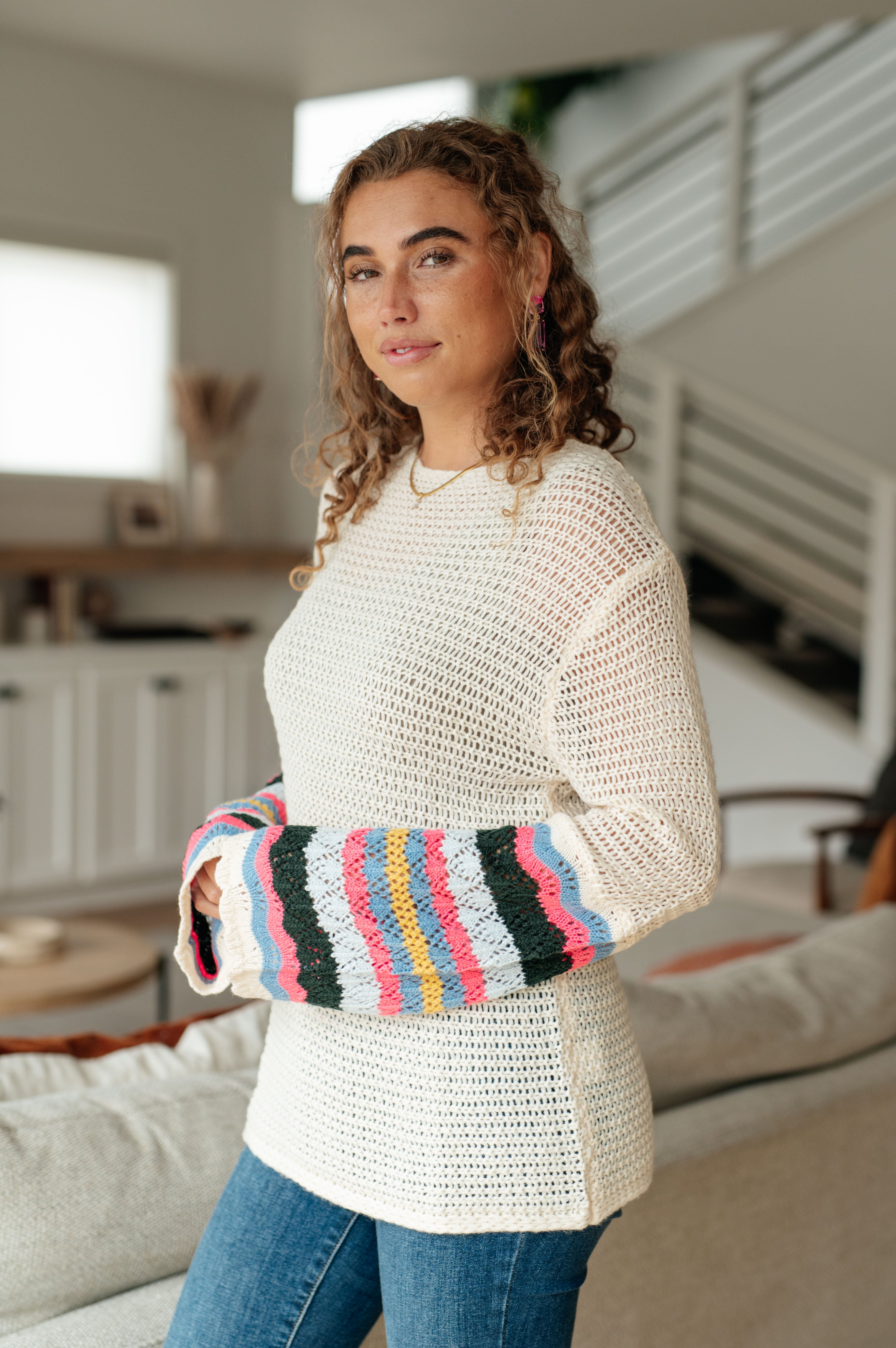 End of the Story Striped Sleeve Sweater Tops Ave Shops- Tilden Co.