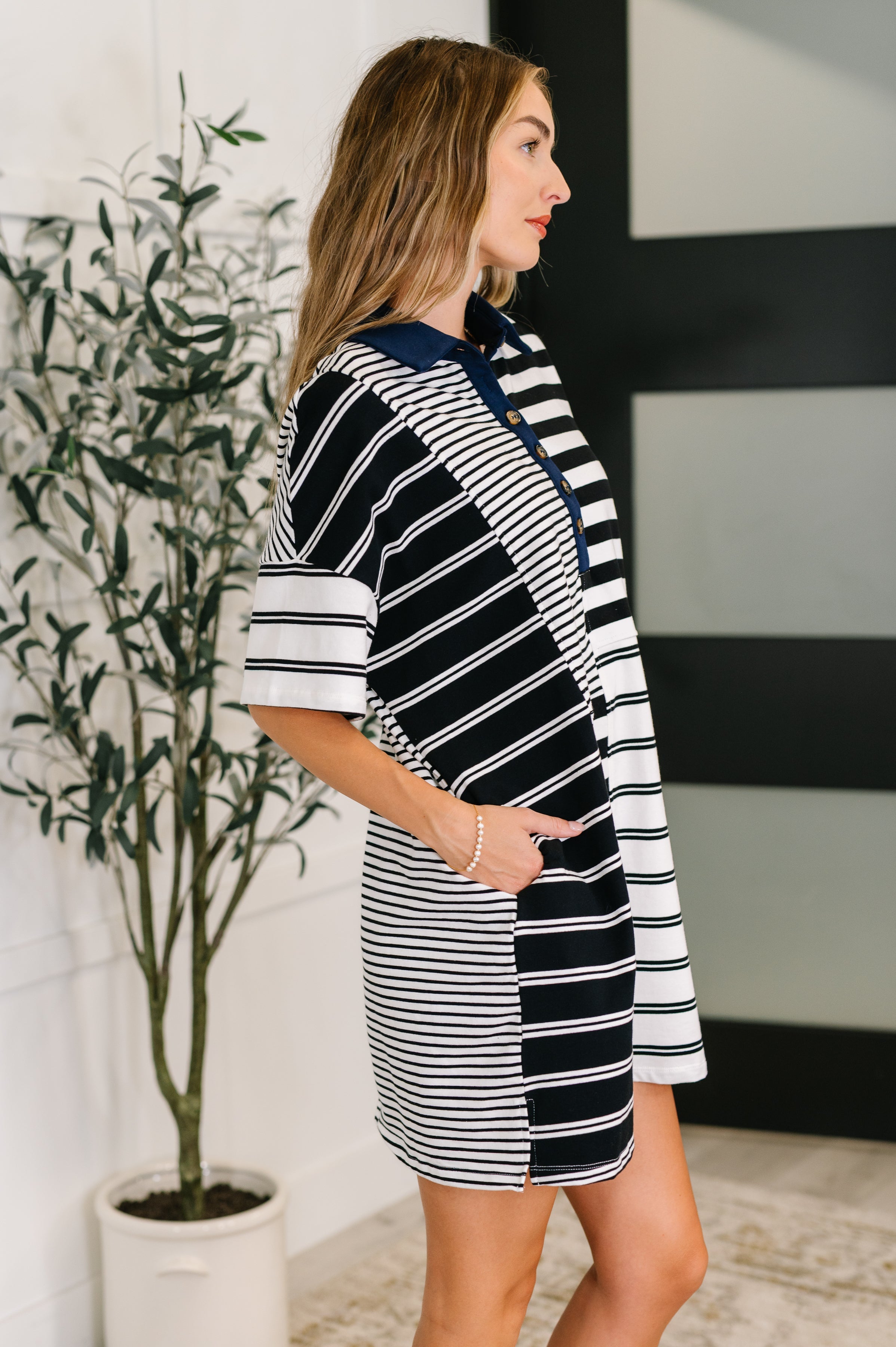 Everlasting Love Striped Collared Dress in Black and Navy Womens Ave Shops- Tilden Co.