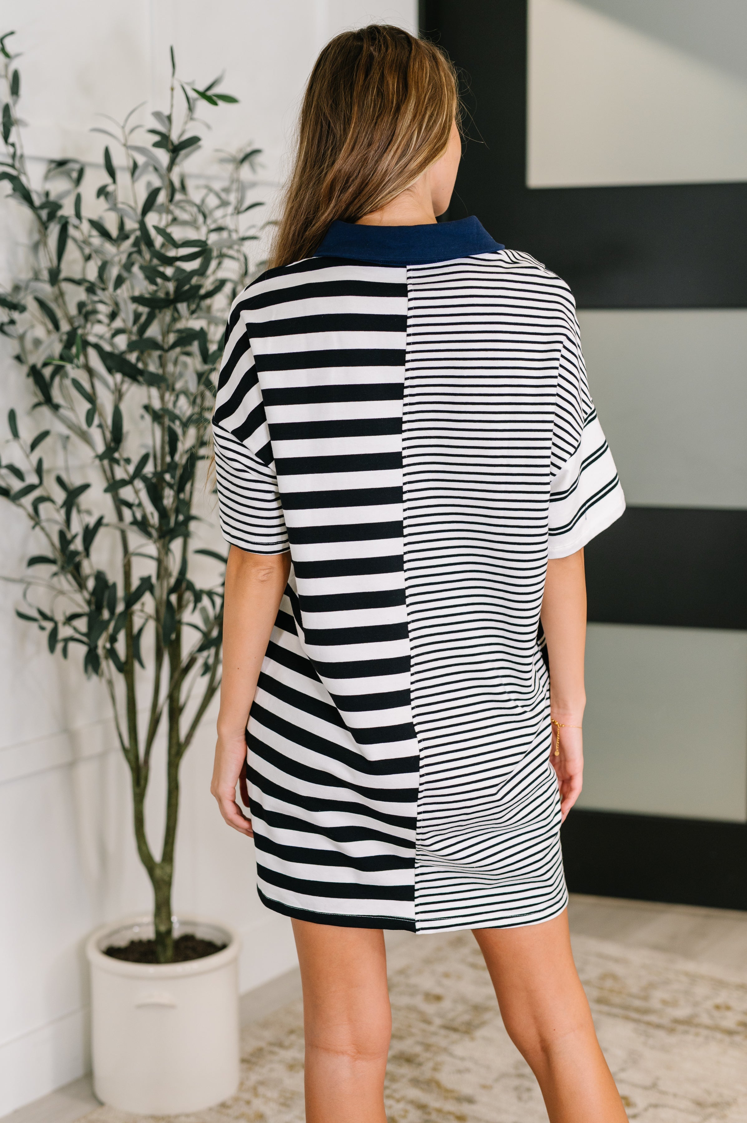 Everlasting Love Striped Collared Dress in Black and Navy Womens Ave Shops- Tilden Co.
