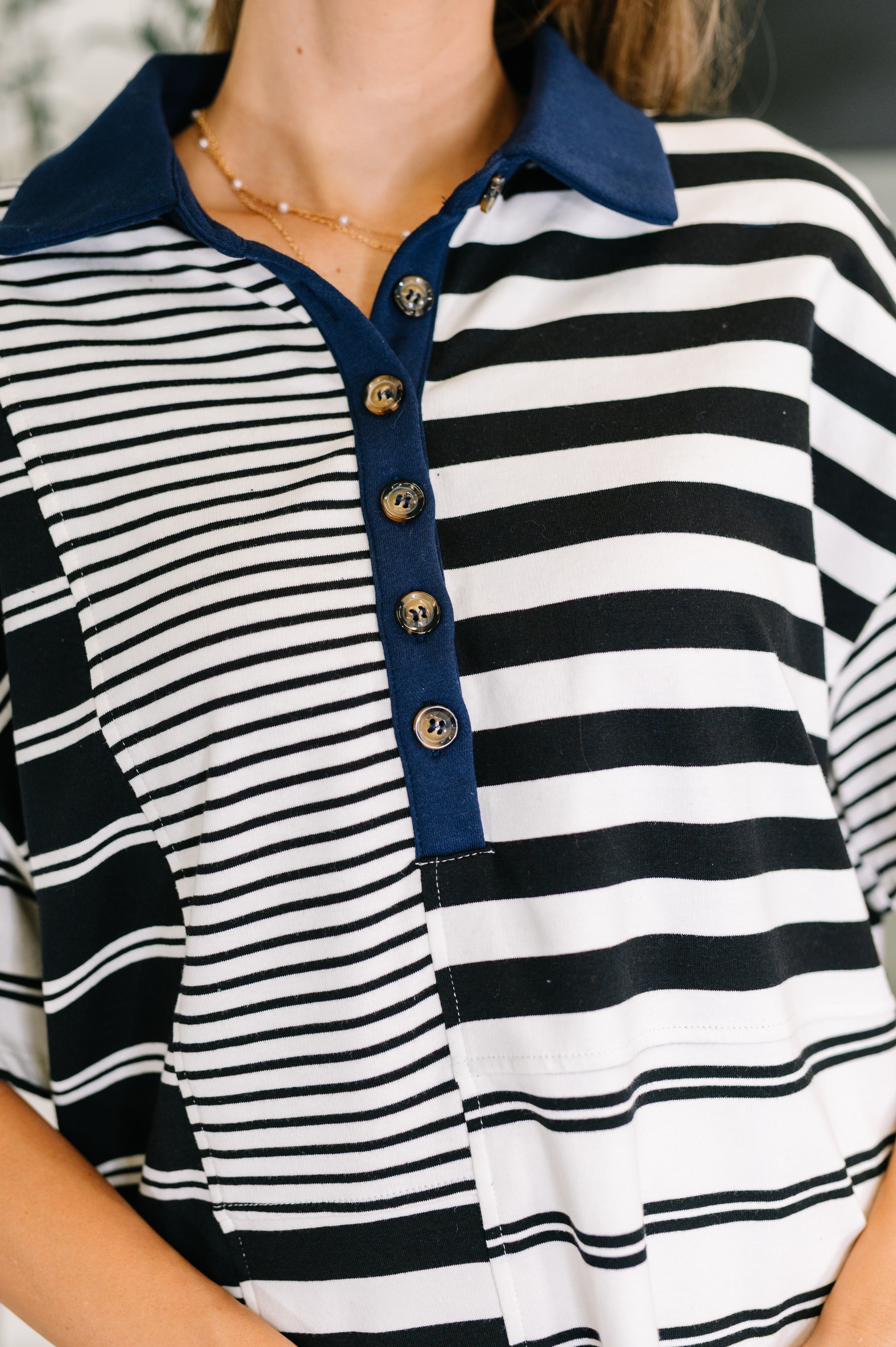 Everlasting Love Striped Collared Dress in Black and Navy Knee Length Dress Ave Shops- Tilden Co.