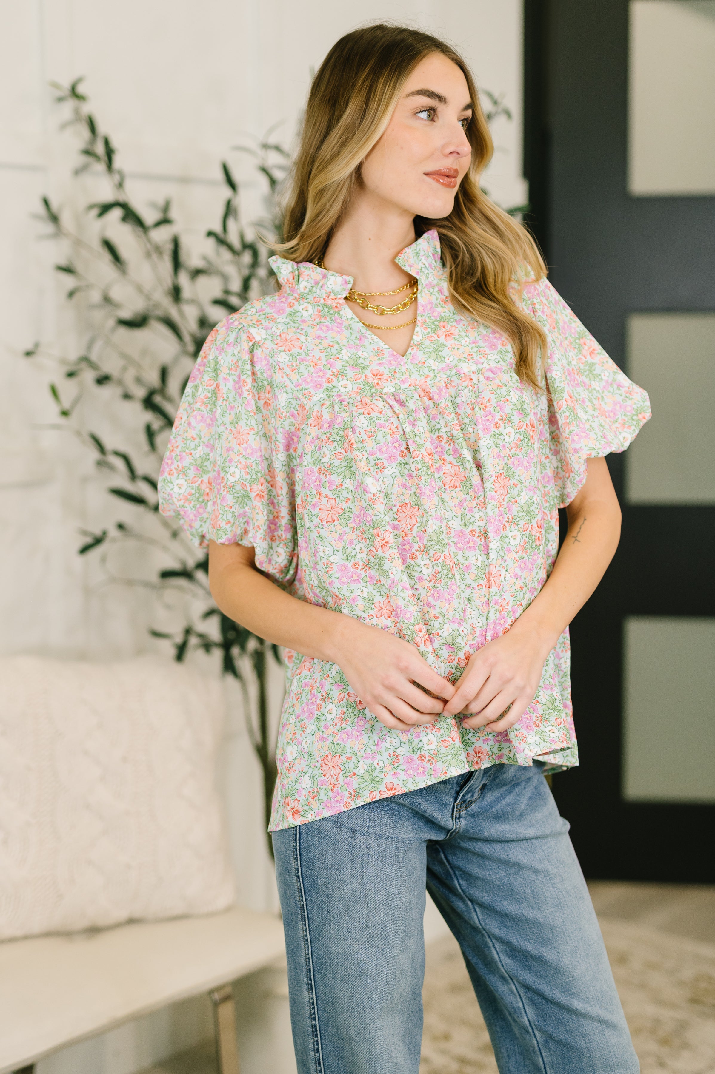 Flower Picking Notch Neck Blouse T-Shirt Ave Shops- Tilden Co.