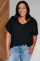 Frequently Asked Questions V-Neck Top in Black Tops Ave Shops- Tilden Co.