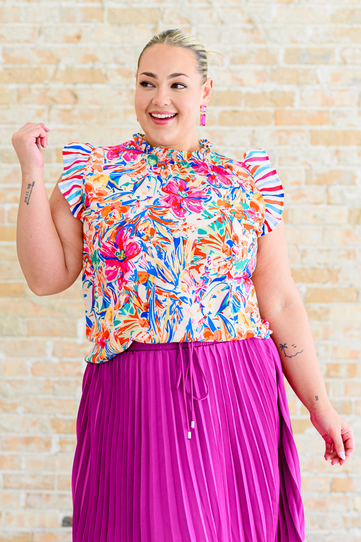 Get Out of Town Ruffle Sleeve Top -3/31/2025 Tops Ave Shops- Tilden Co.