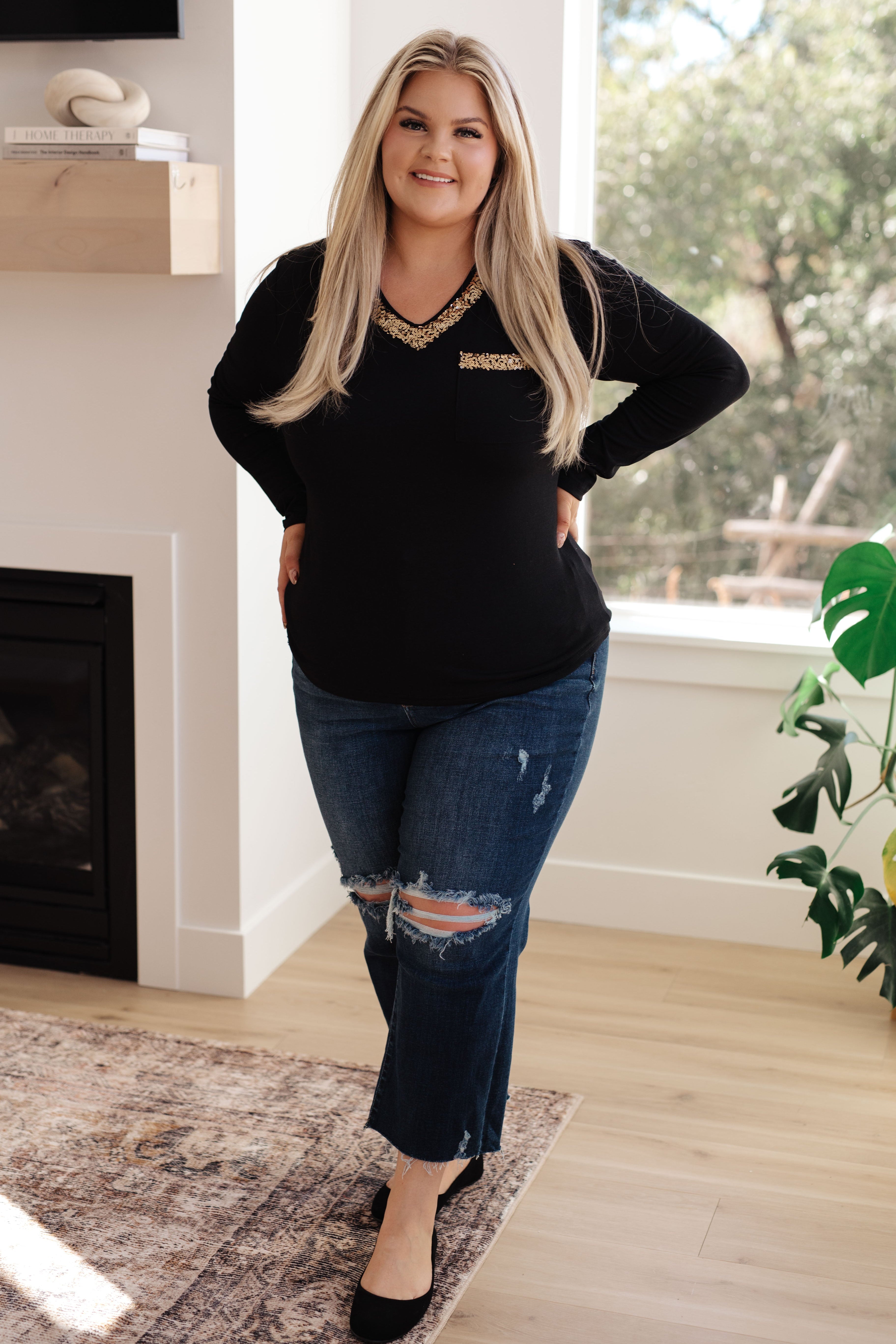 Glitter Lining Long Sleeve V-Neck Top Tops Ave Shops- Tilden Co.