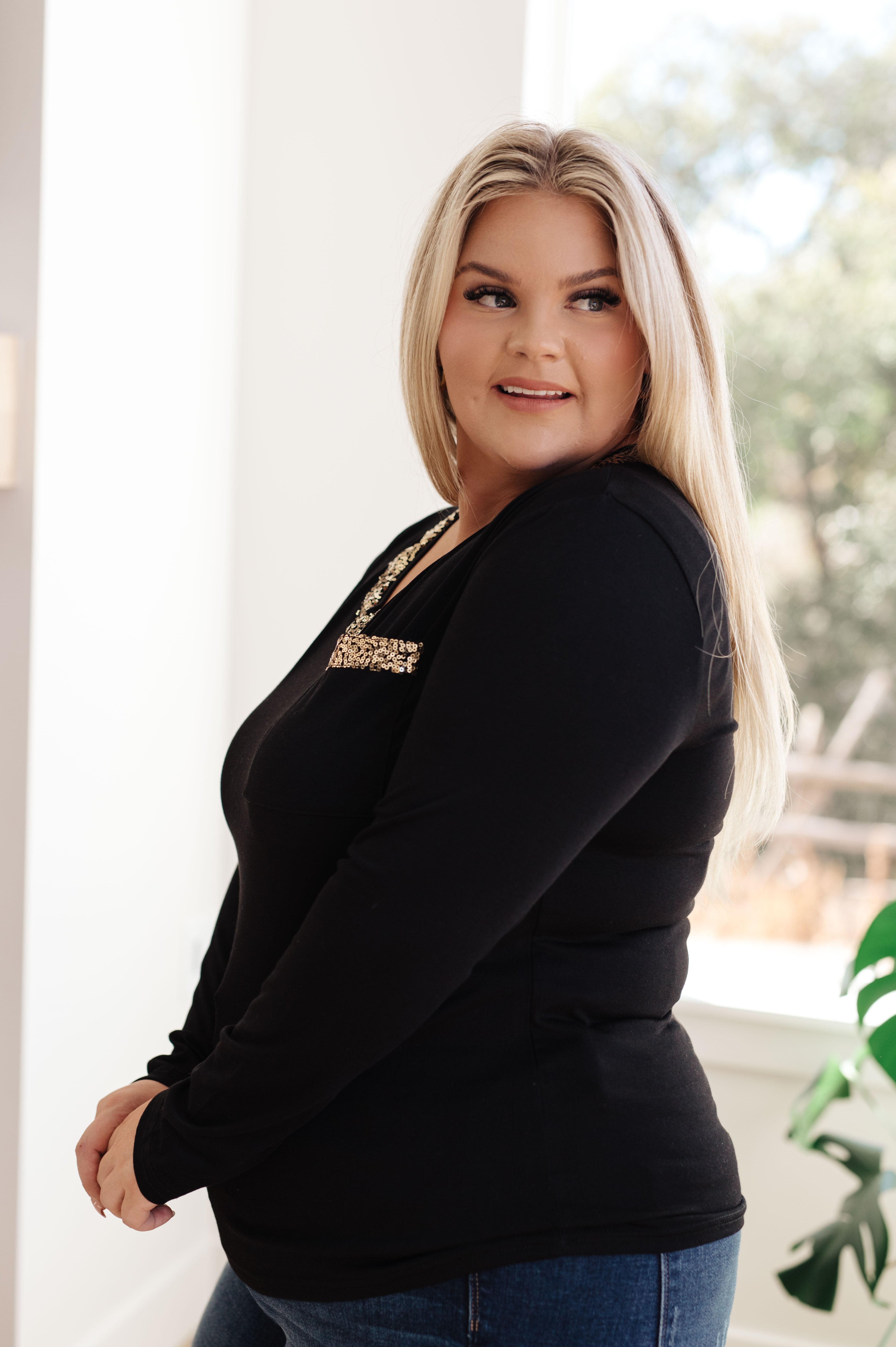 Glitter Lining Long Sleeve V-Neck Top Tops Ave Shops- Tilden Co.