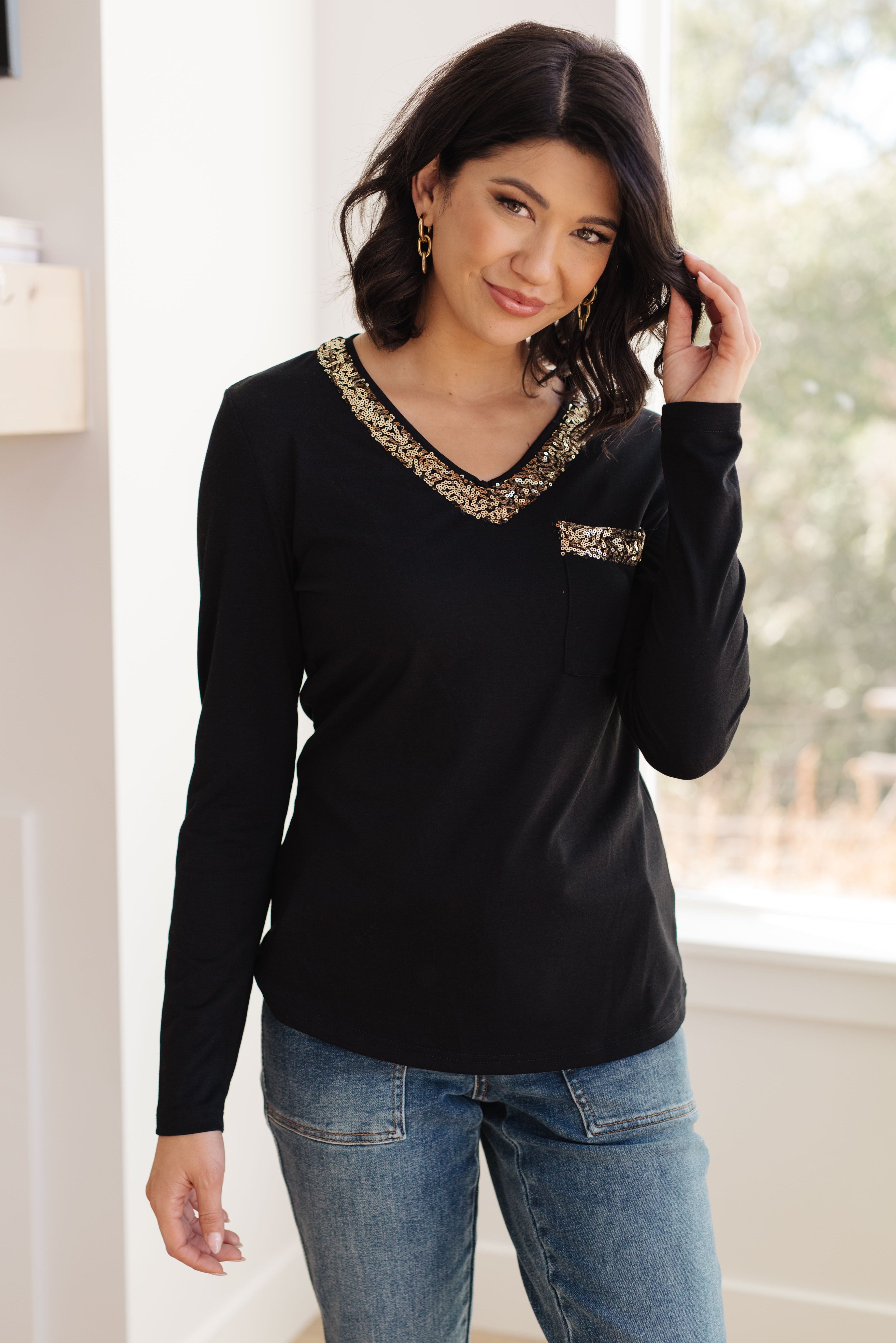 Glitter Lining Long Sleeve V-Neck Top Tops Ave Shops- Tilden Co.