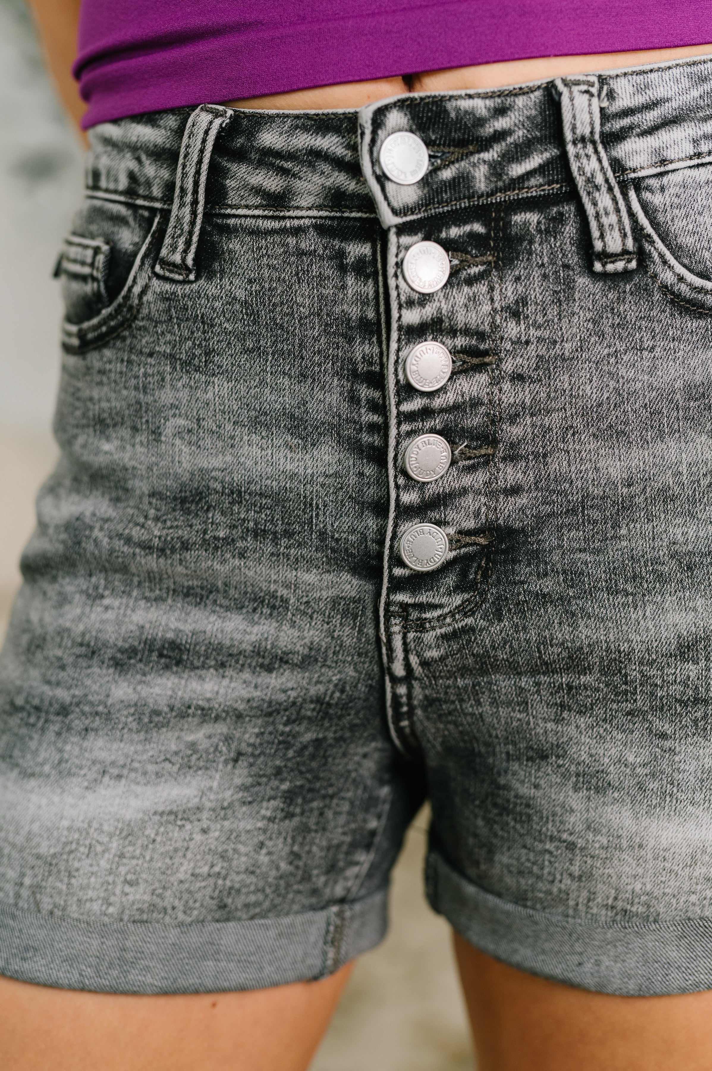 Greyson High Rise Button Fly Cuffed Shorts in Grey Denim Ave Shops- Tilden Co.