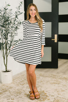 Haute Mess Scooped Hem Casual Dress in Black and White Striped Womens Ave Shops- Tilden Co.