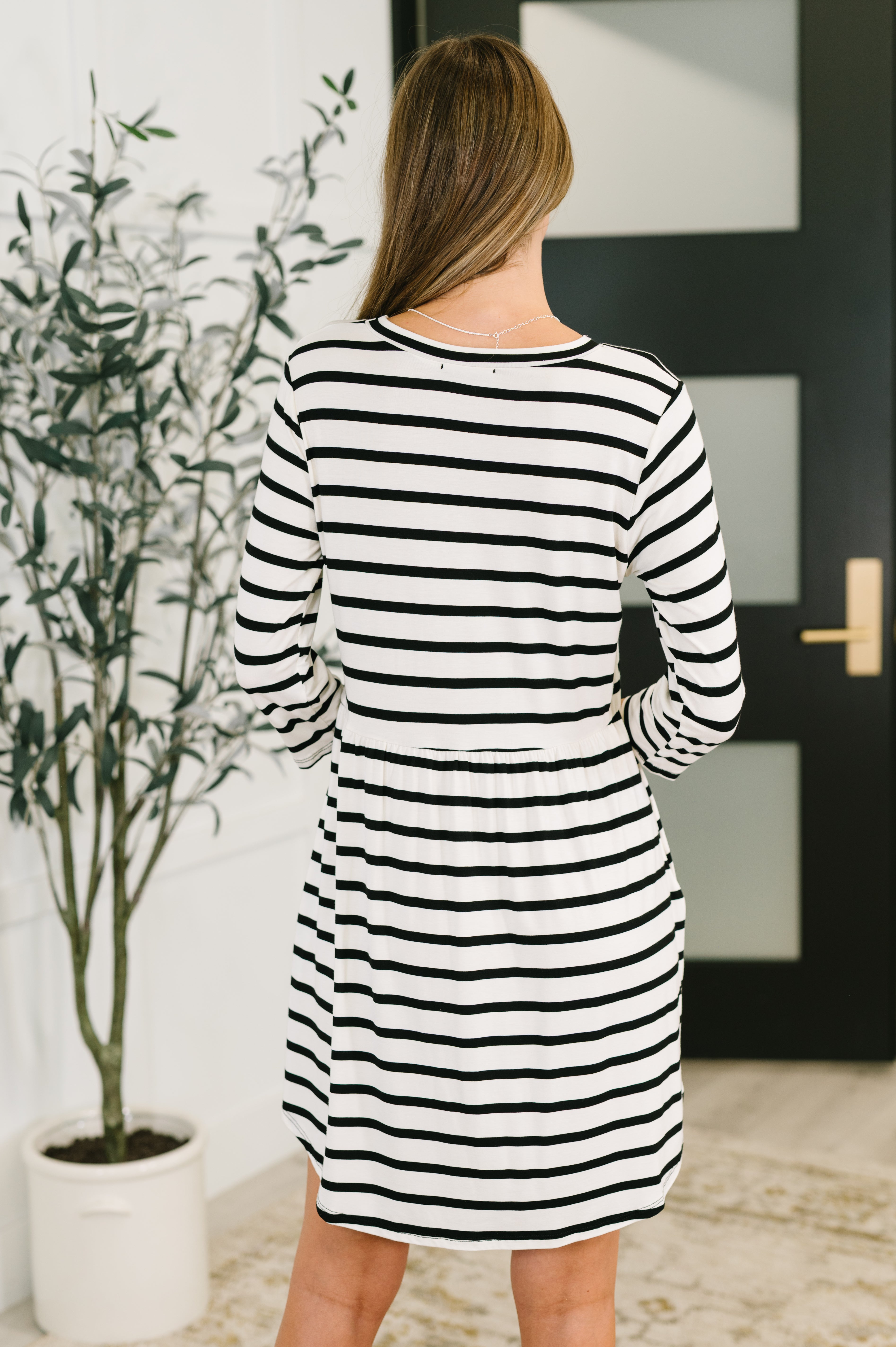 Haute Mess Scooped Hem Casual Dress in Black and White Striped Womens Ave Shops- Tilden Co.