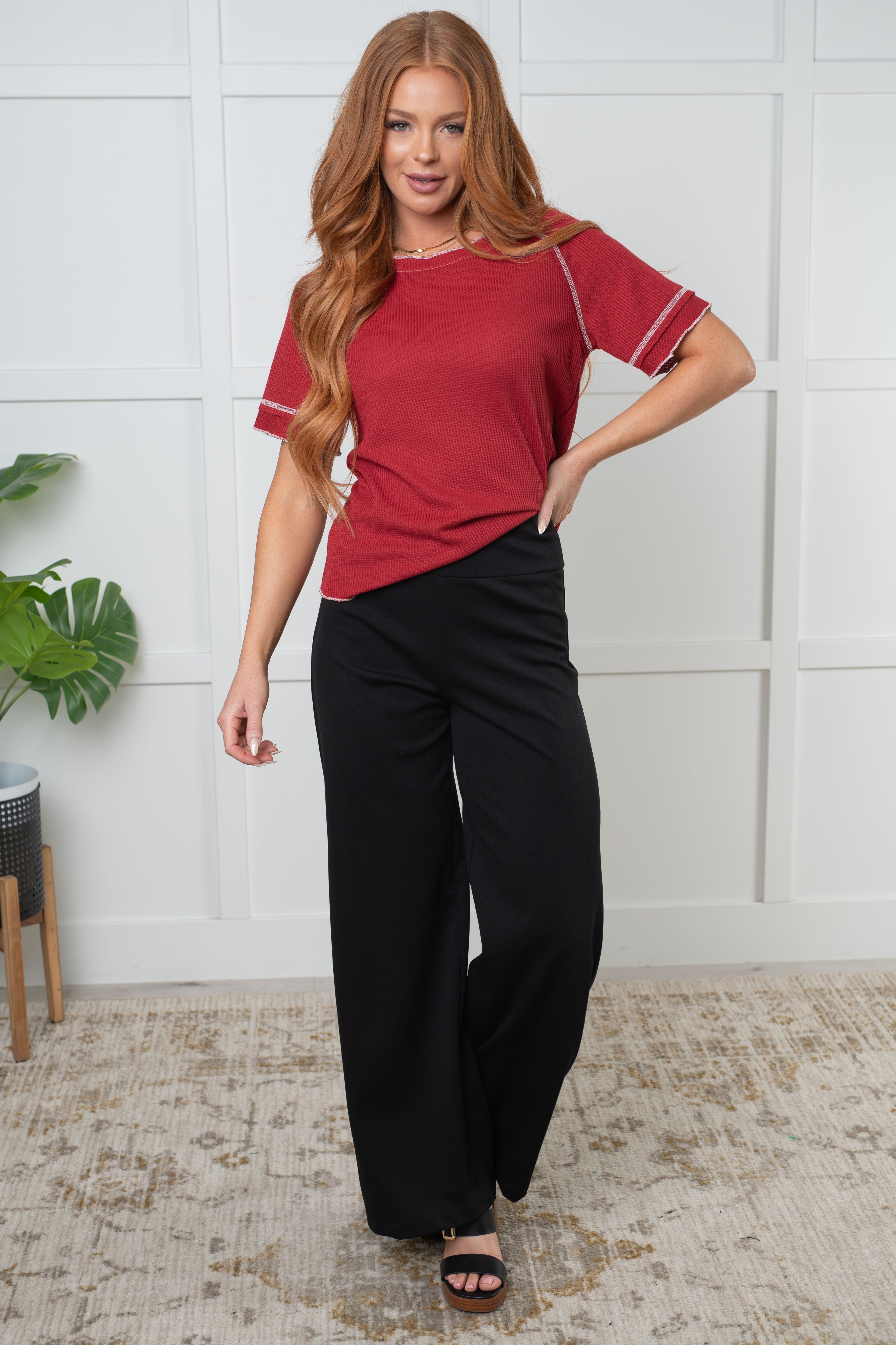 Heartbreaker Waffle Knit Tee in Cranberry Tops Ave Shops- Tilden Co.