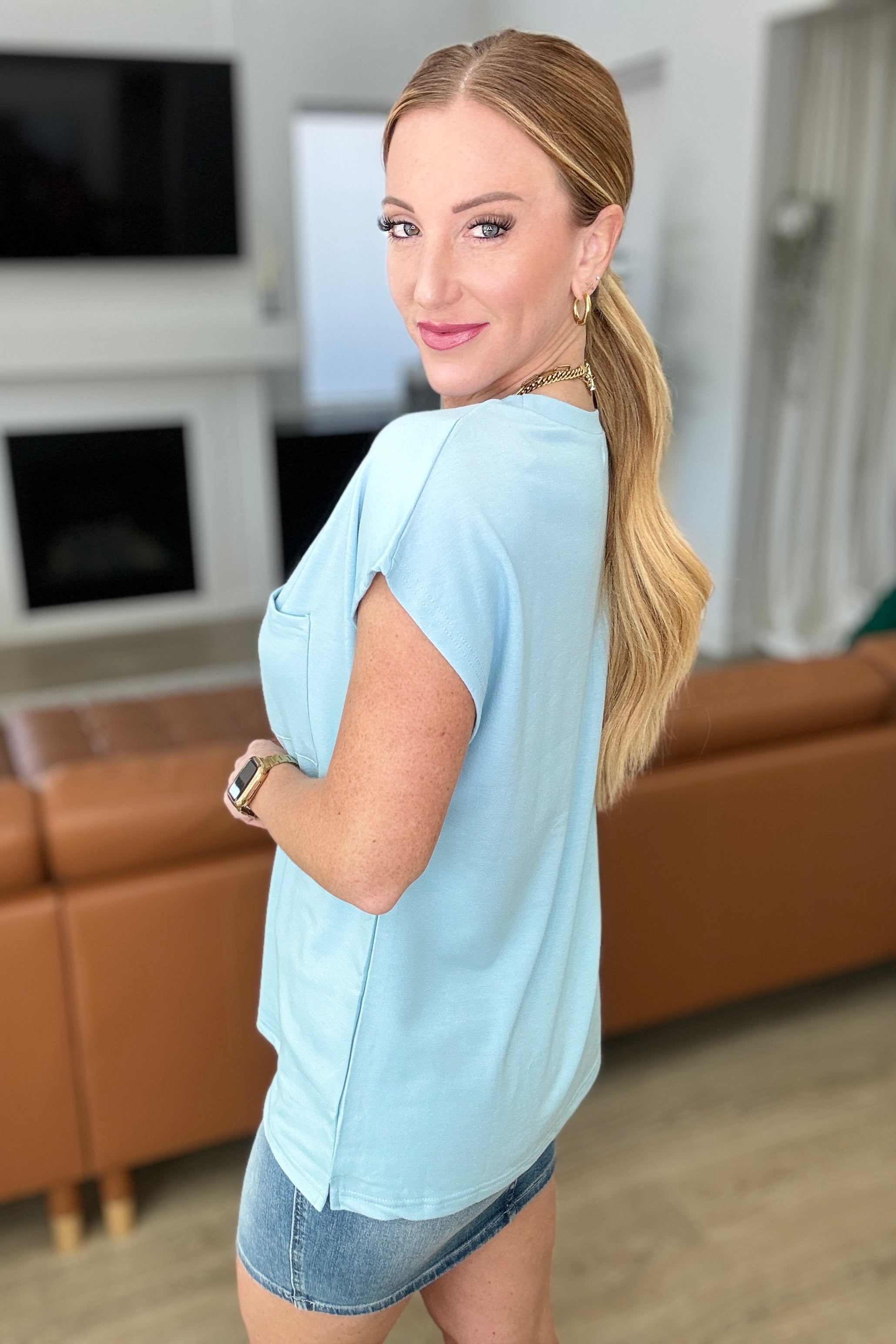 Not So Basic Pocket Tee in Blue Tops Ave Shops- Tilden Co.