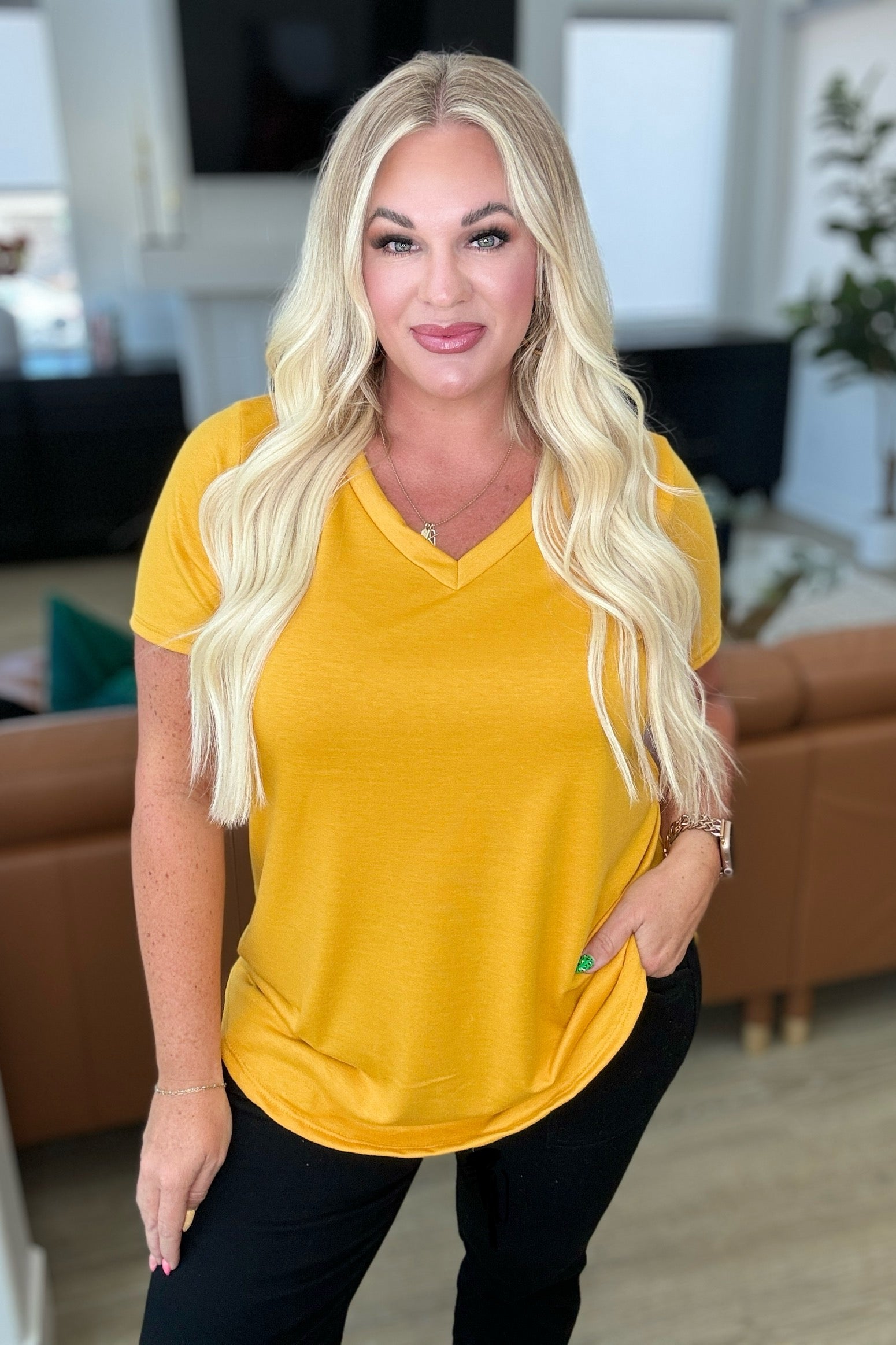 Heart and Soul V-Neck Top in Mustard Tops Ave Shops- Tilden Co.