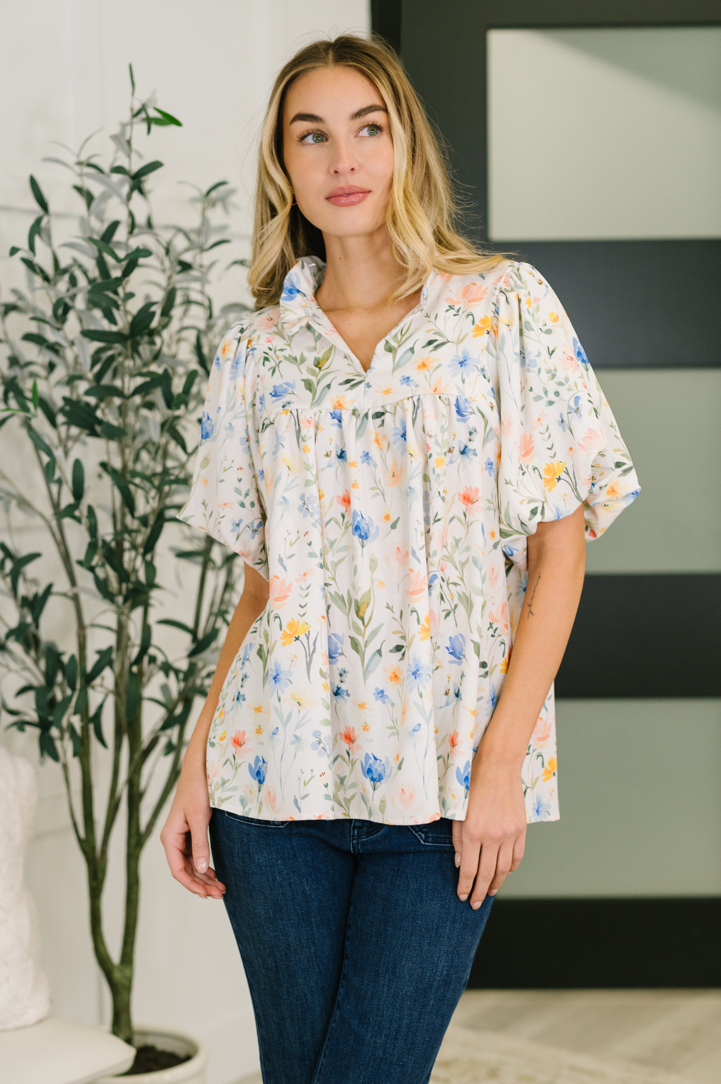In All This Time Notch Neck Floral Blouse Blouse Ave Shops- Tilden Co.