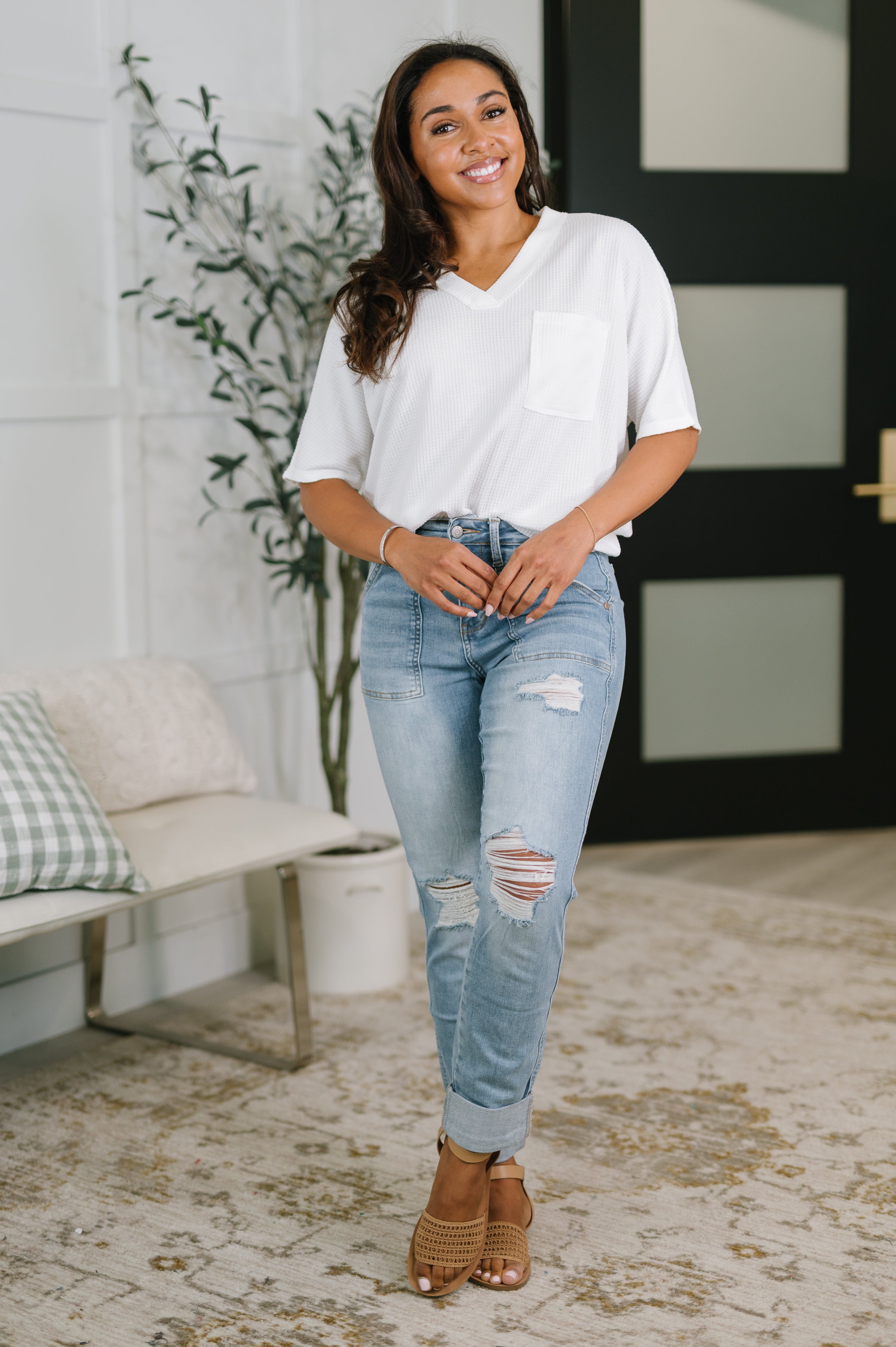 Aiden High Rise Patch Pocket Distressed Boyfriend Jeans Denim Ave Shops- Tilden Co.