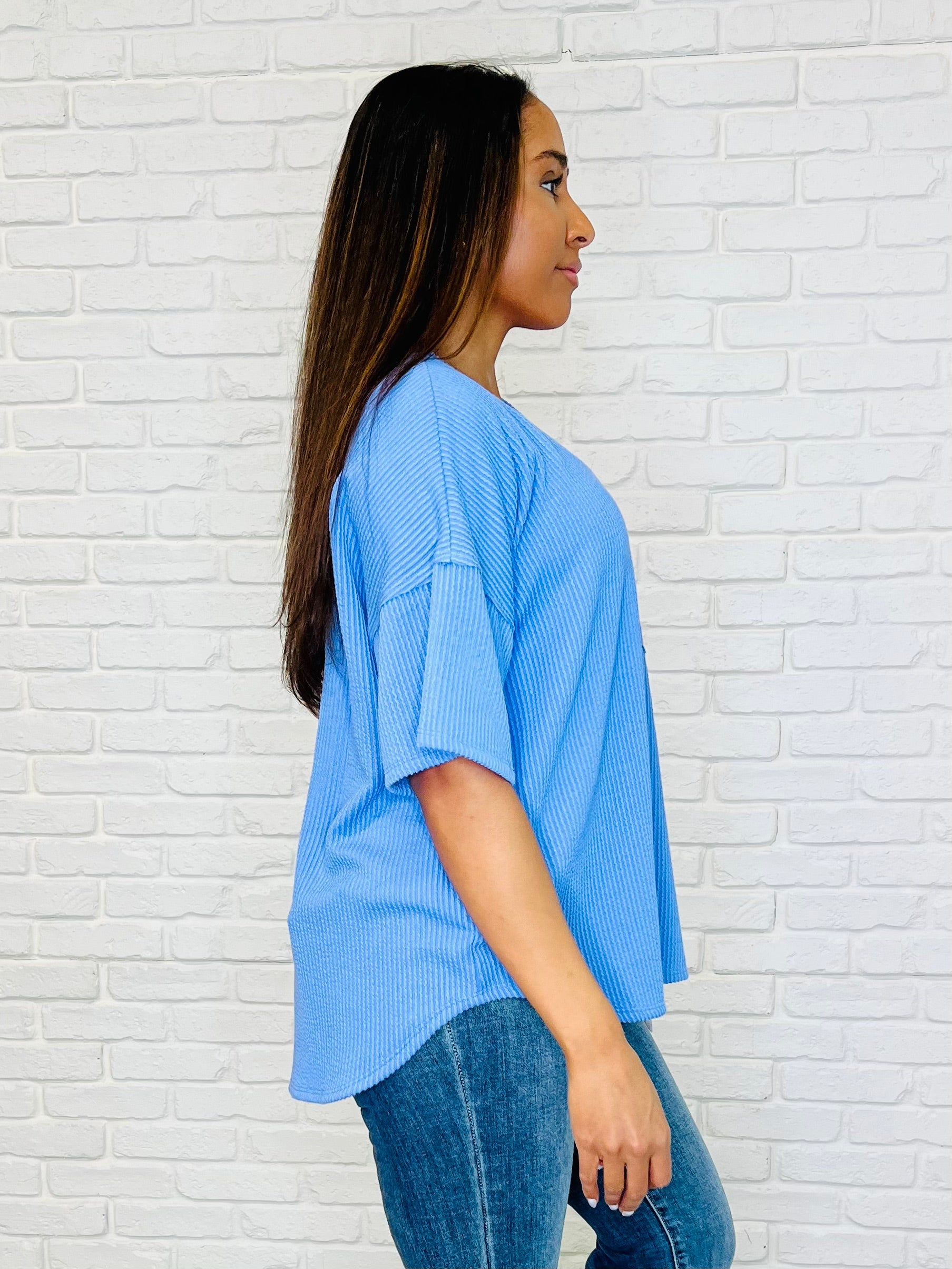 Just a Casual Girly V-Neck Basic Tee in Periwinkle Blue Womens Ave Shops- Tilden Co.