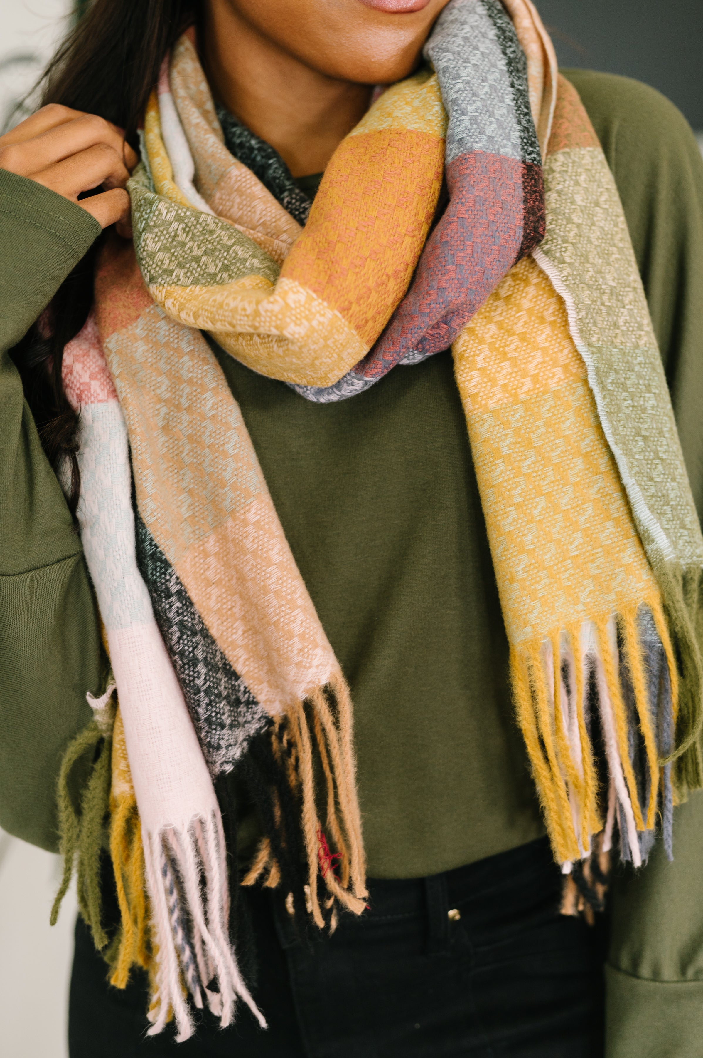 Keep Me Cozy Checkered Fringe Scarf in Pine and Petals Accessories Ave Shops- Tilden Co.