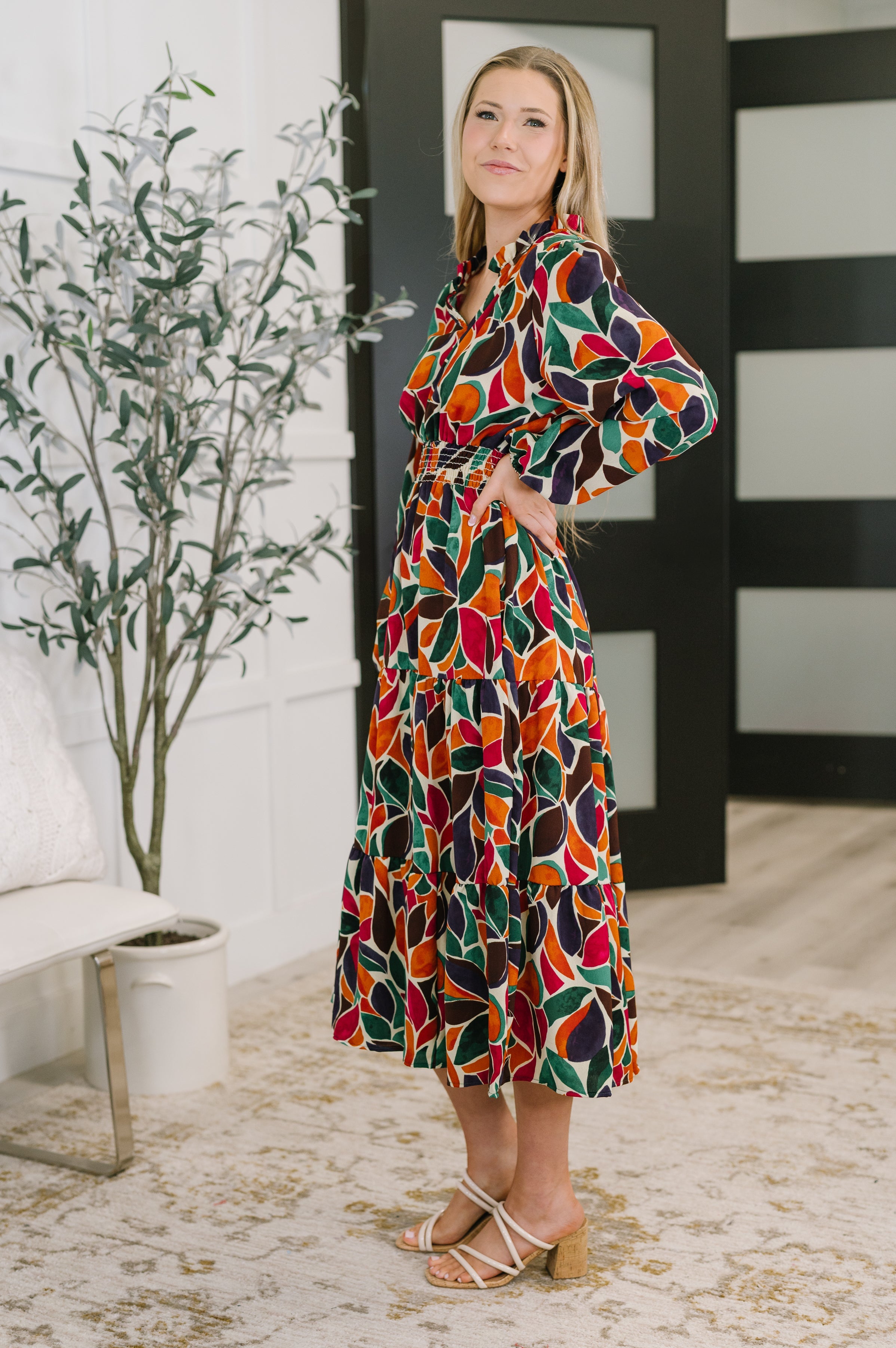 Leafing it All Behind Long Sleeve Tiered Dress Womens Ave Shops- Tilden Co.