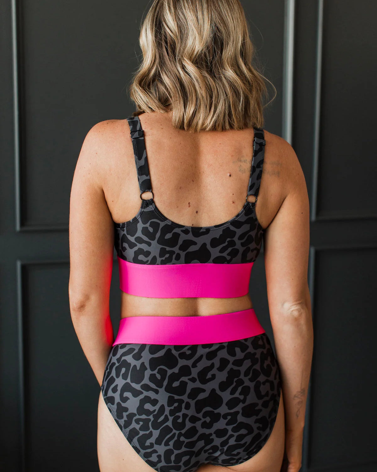Charcoal Leopard & Neon Pink Swim Top Swim Crop Top Mack and Mal- Tilden Co.