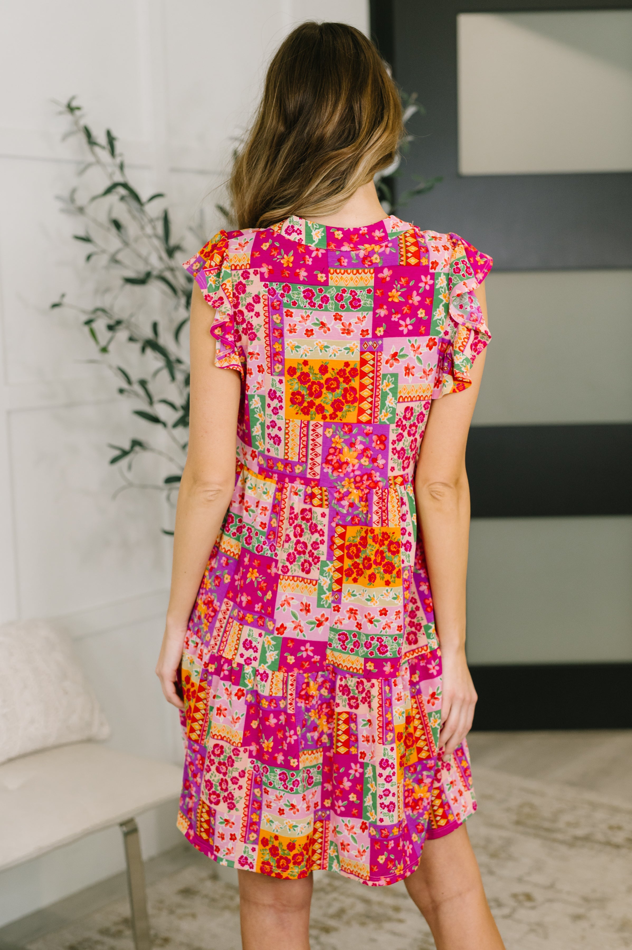 Lizzy Flutter Sleeve Dress in Patchwork Floral Knee Length Dress Ave Shops- Tilden Co.