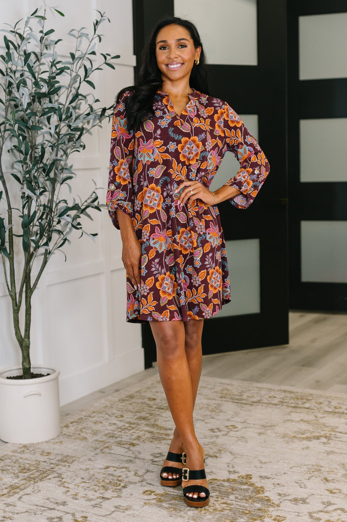 Lizzy Long Sleeve Dress in Chocolate Floral Womens Ave Shops- Tilden Co.